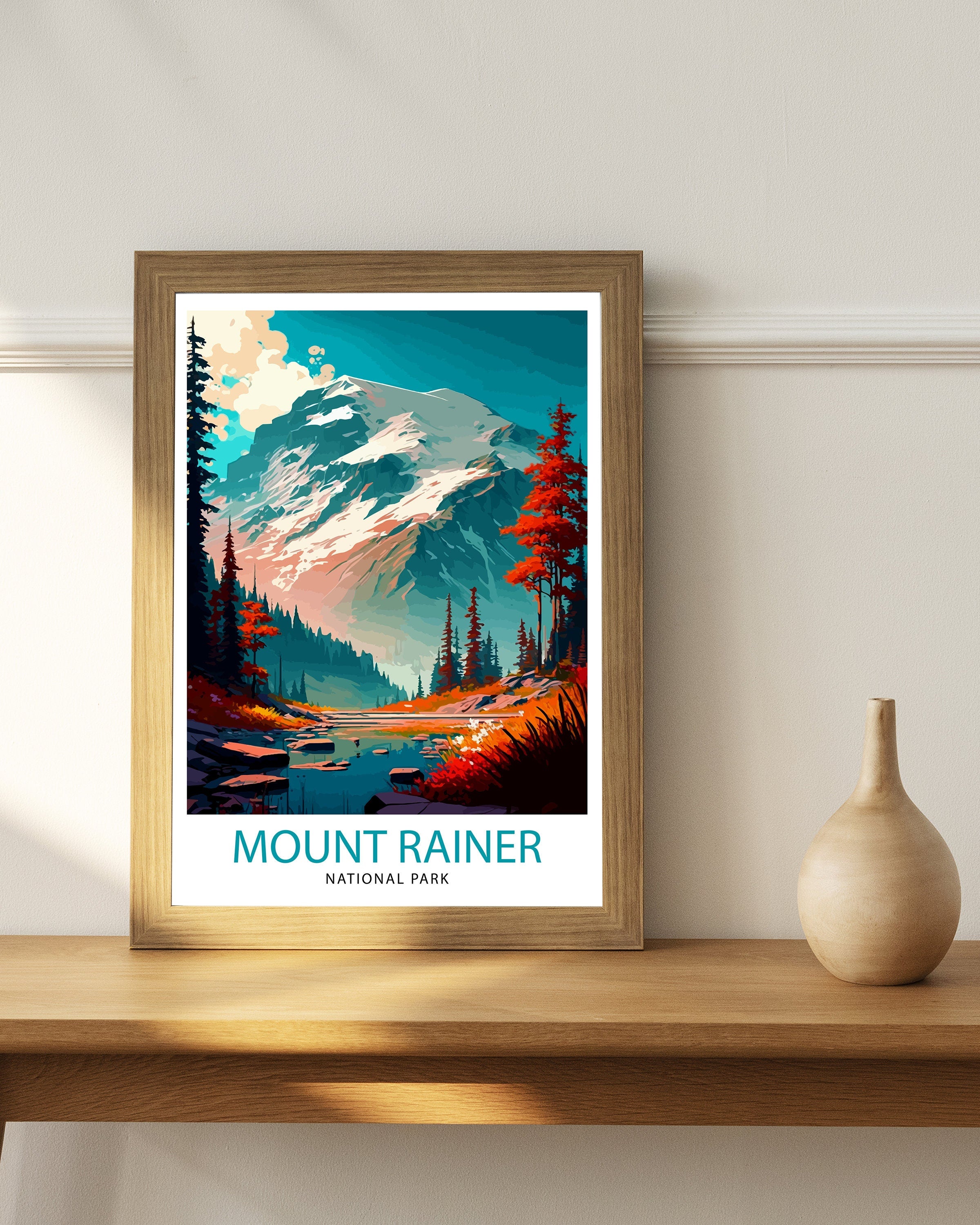 Mount Rainier Travel Print Washington Wall Decor Mount Rainier National Park Illustration Travel Poster Gift For Hikers and Nature Lovers