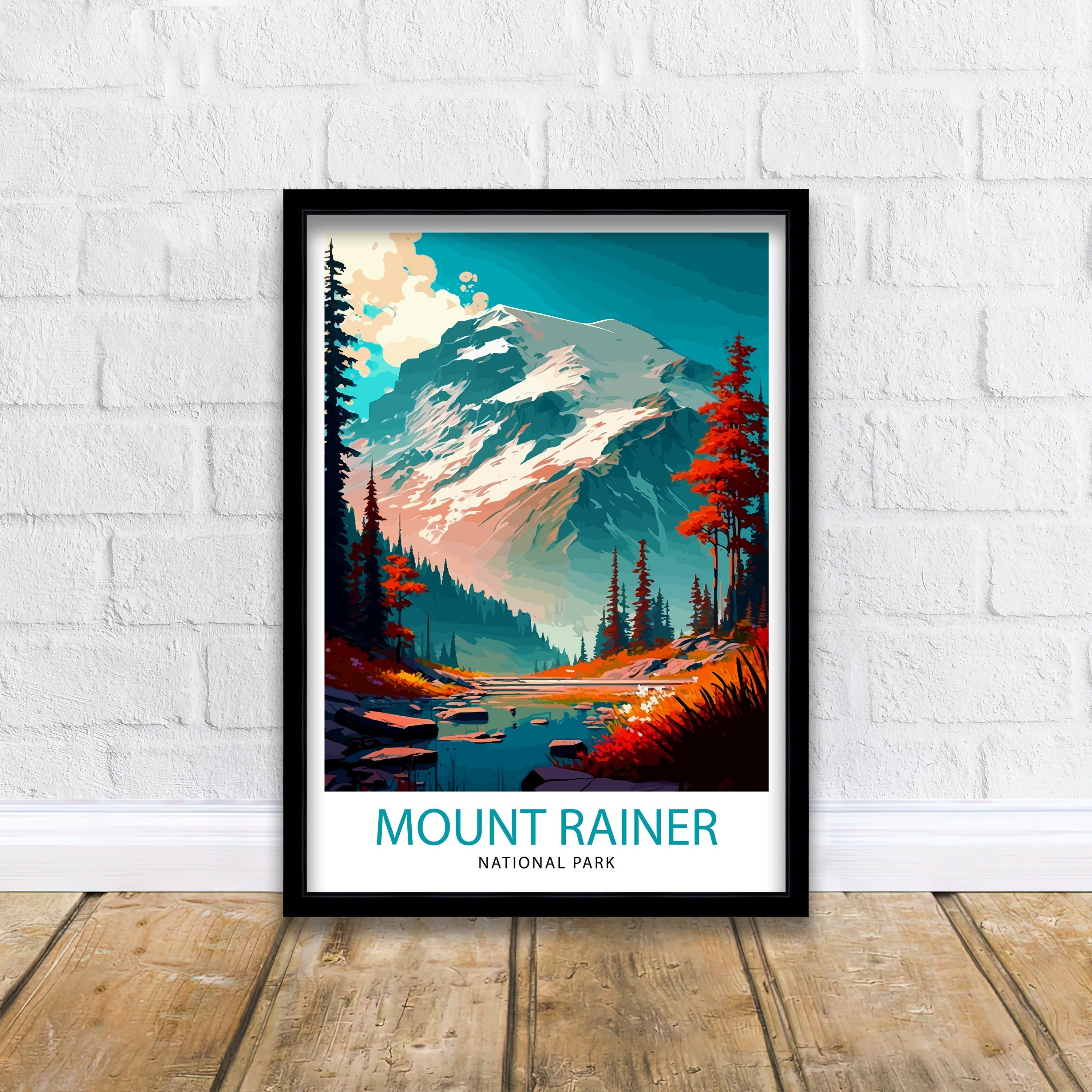 Mount Rainier Travel Print Washington Wall Decor Mount Rainier National Park Illustration Travel Poster Gift For Hikers and Nature Lovers