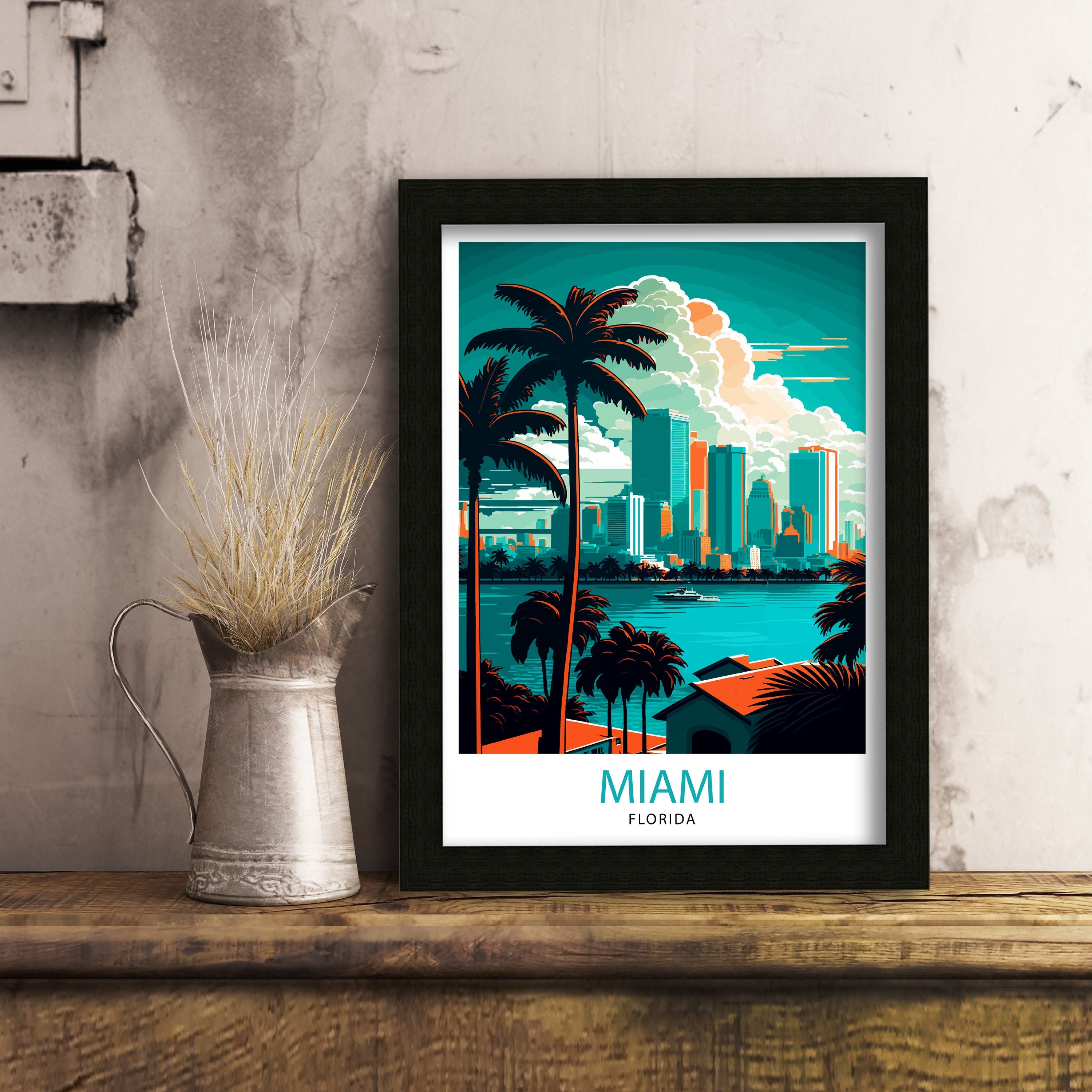 Miami Travel Print| Miami Wall Decor Miami Illustration Miami Florida Travel Poster, Miami Beach Art Miami Home Decor