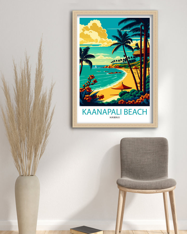 Kaanapali Beach Travel Poster Hawaii Wall Art Maui Island Decor Kaanapali Beach Illustration Travel Poster Gift Beach House Decor