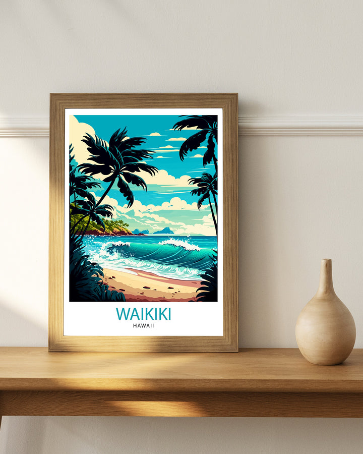 Waikiki Travel Poster Waikiki Wall Art Hawaii Poster Waikiki Beach Poster Travel Decor Hawaii Art Poster Waikiki Illustration