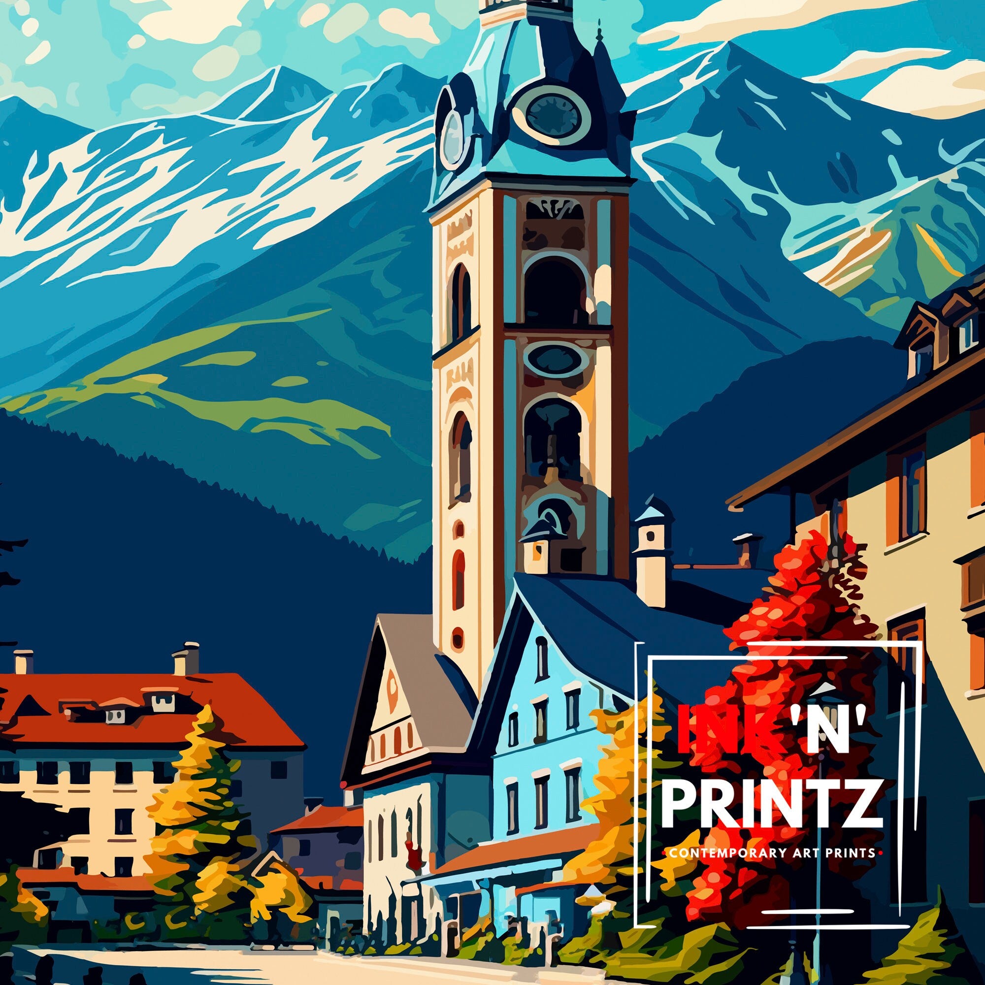 Seefeld Austria Travel Print, Vintage Illustration Art