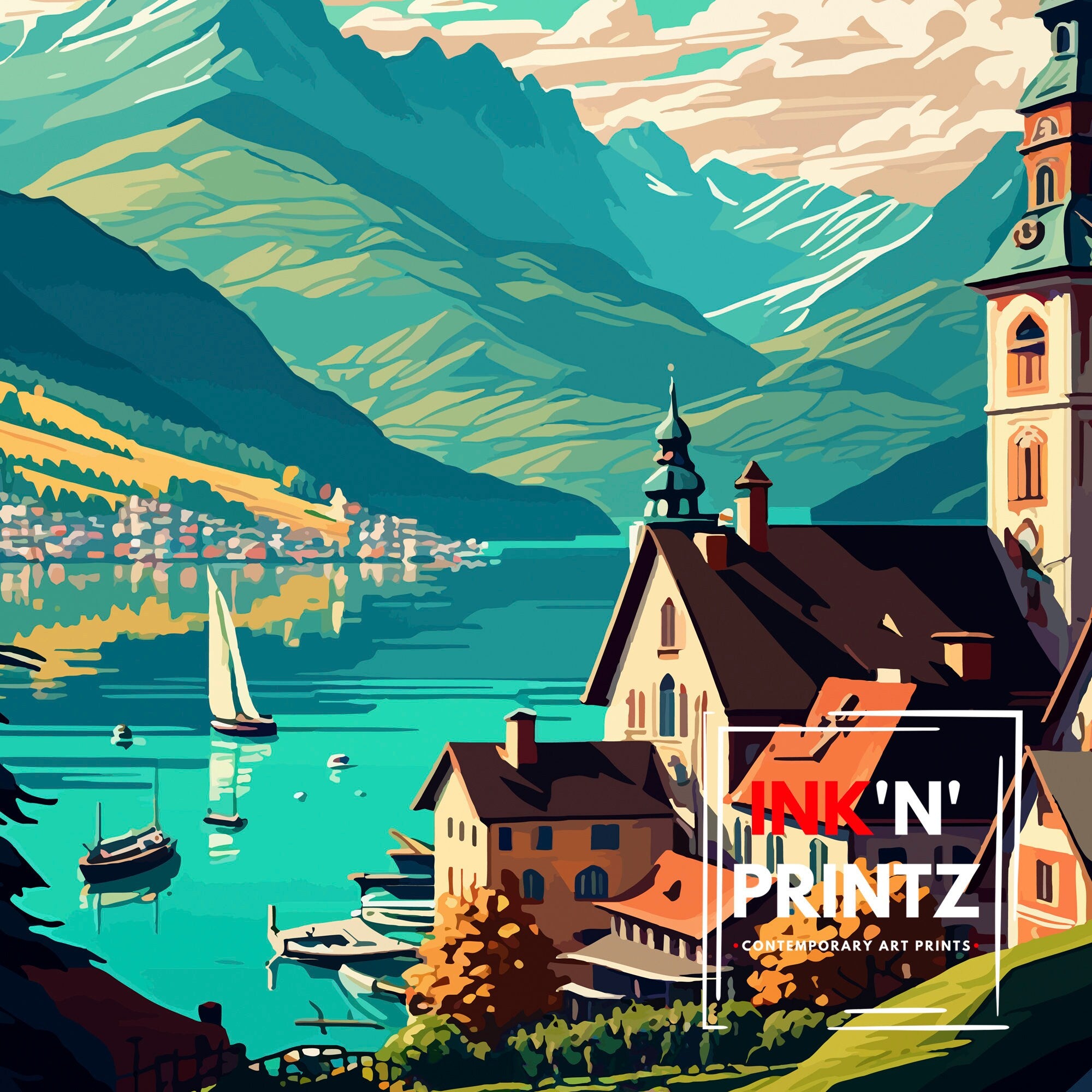 Gmunden Austria Travel Poster, Lake Traunsee Print
