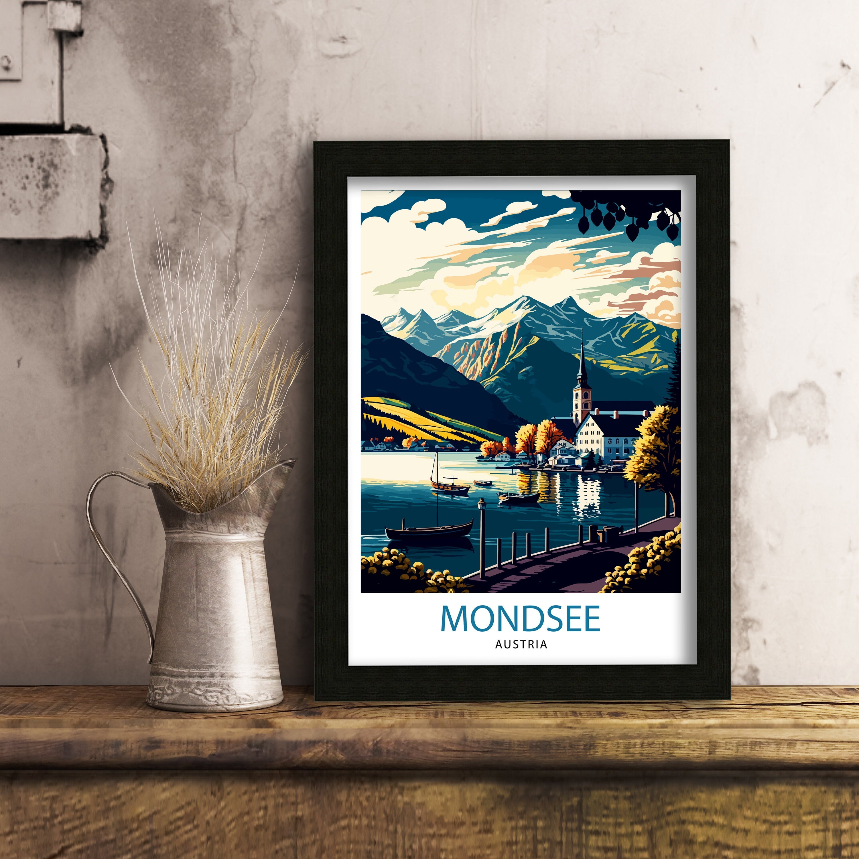 Mondsee Austria Travel Poster, Lake Illustration, Home Decor