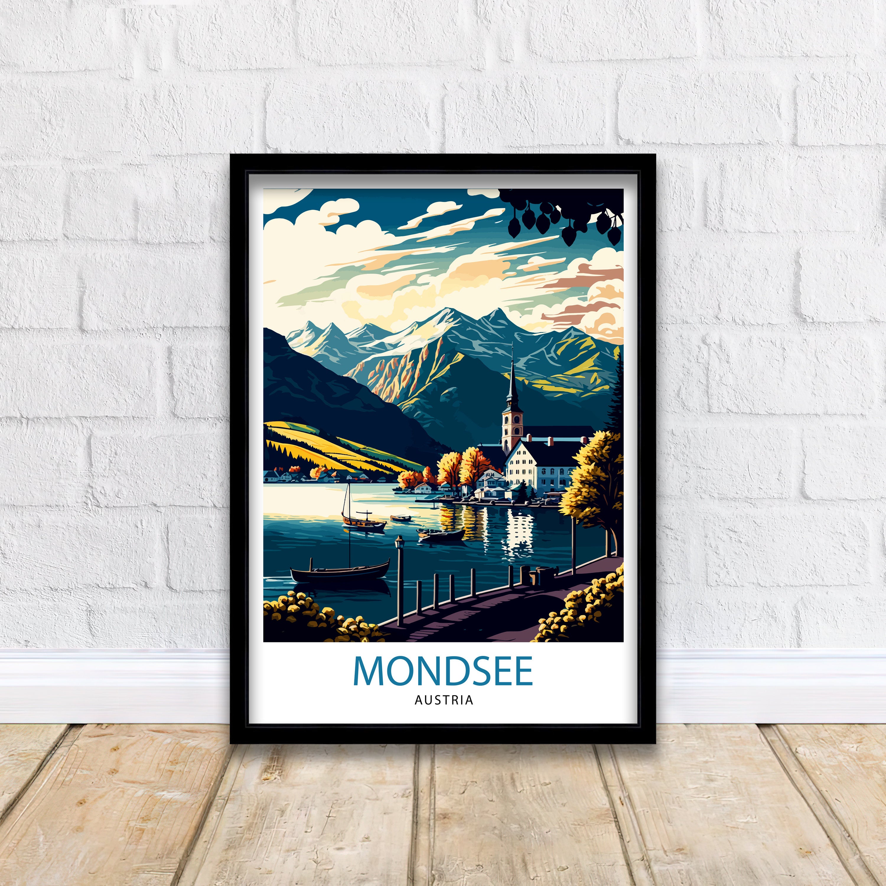 Mondsee Austria Travel Poster, Lake Illustration, Home Decor