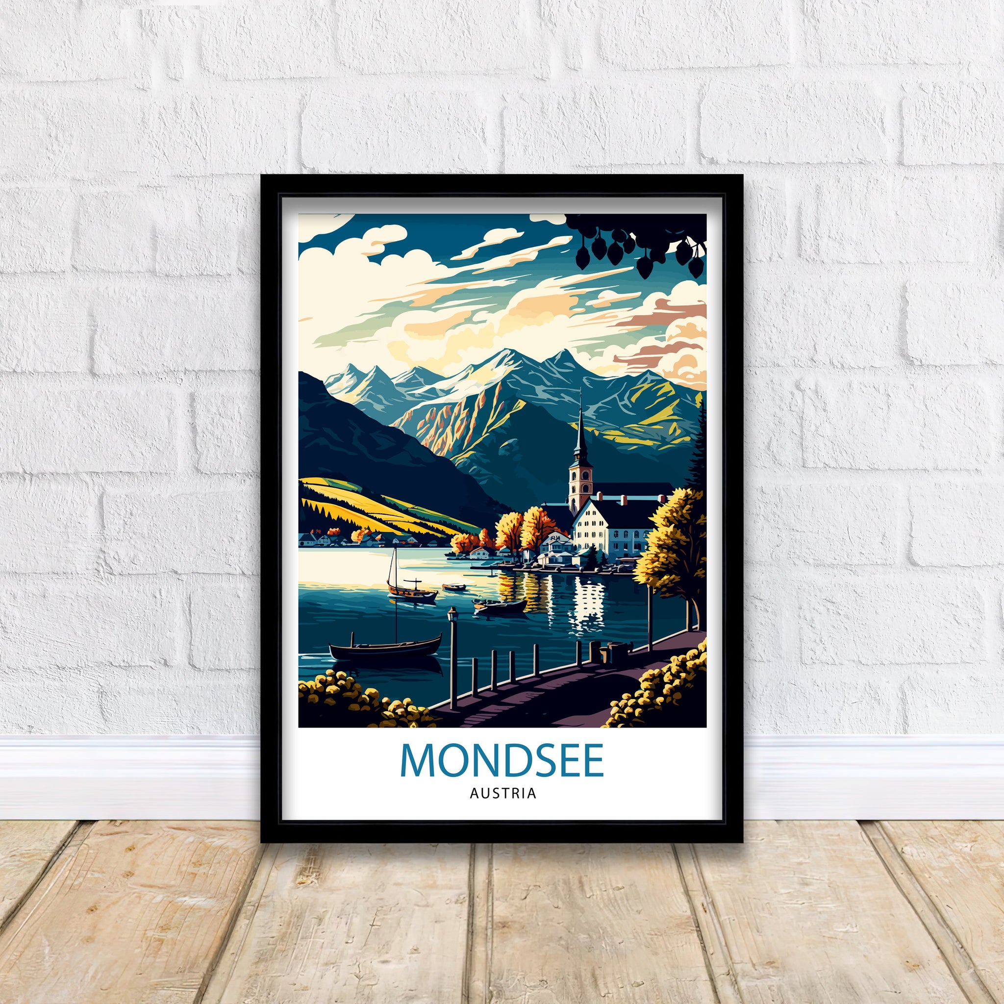 Mondsee Austria Travel Poster, Lake Illustration, Home Decor