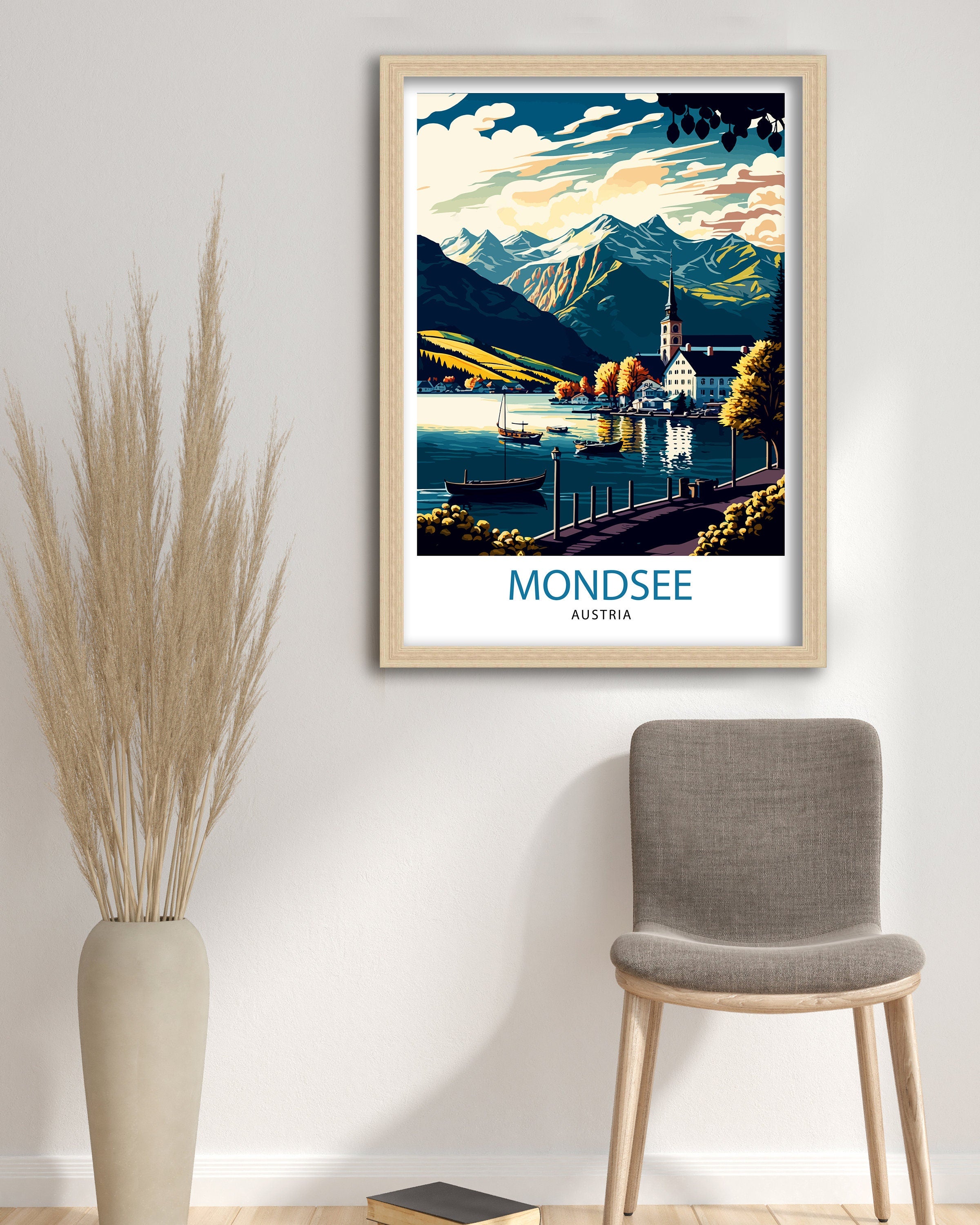 Mondsee Austria Travel Poster, Lake Illustration, Home Decor