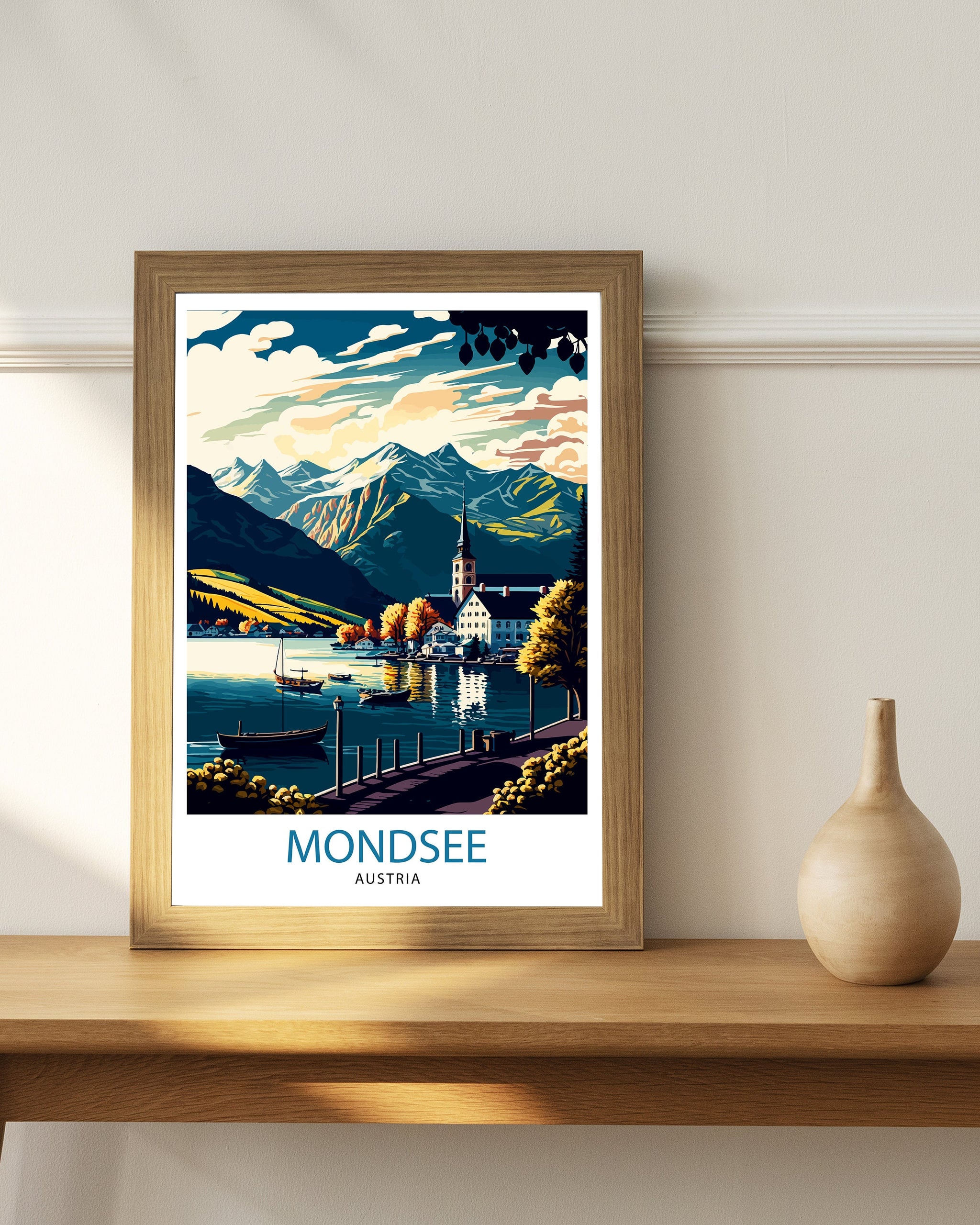 Mondsee Austria Travel Poster, Lake Illustration, Home Decor