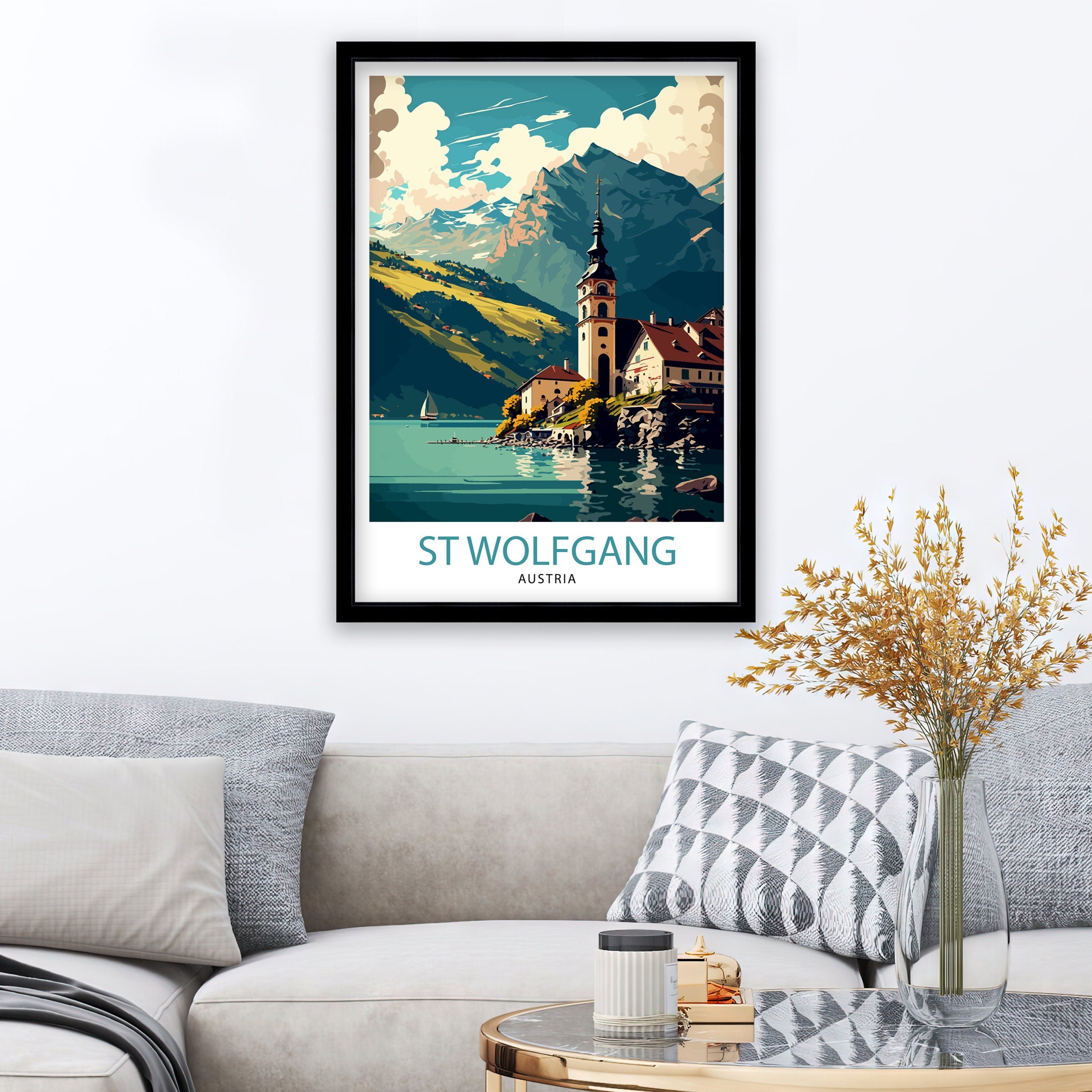 Saint Wolfgang Austria Travel Poster, Wolfgangsee Illustration