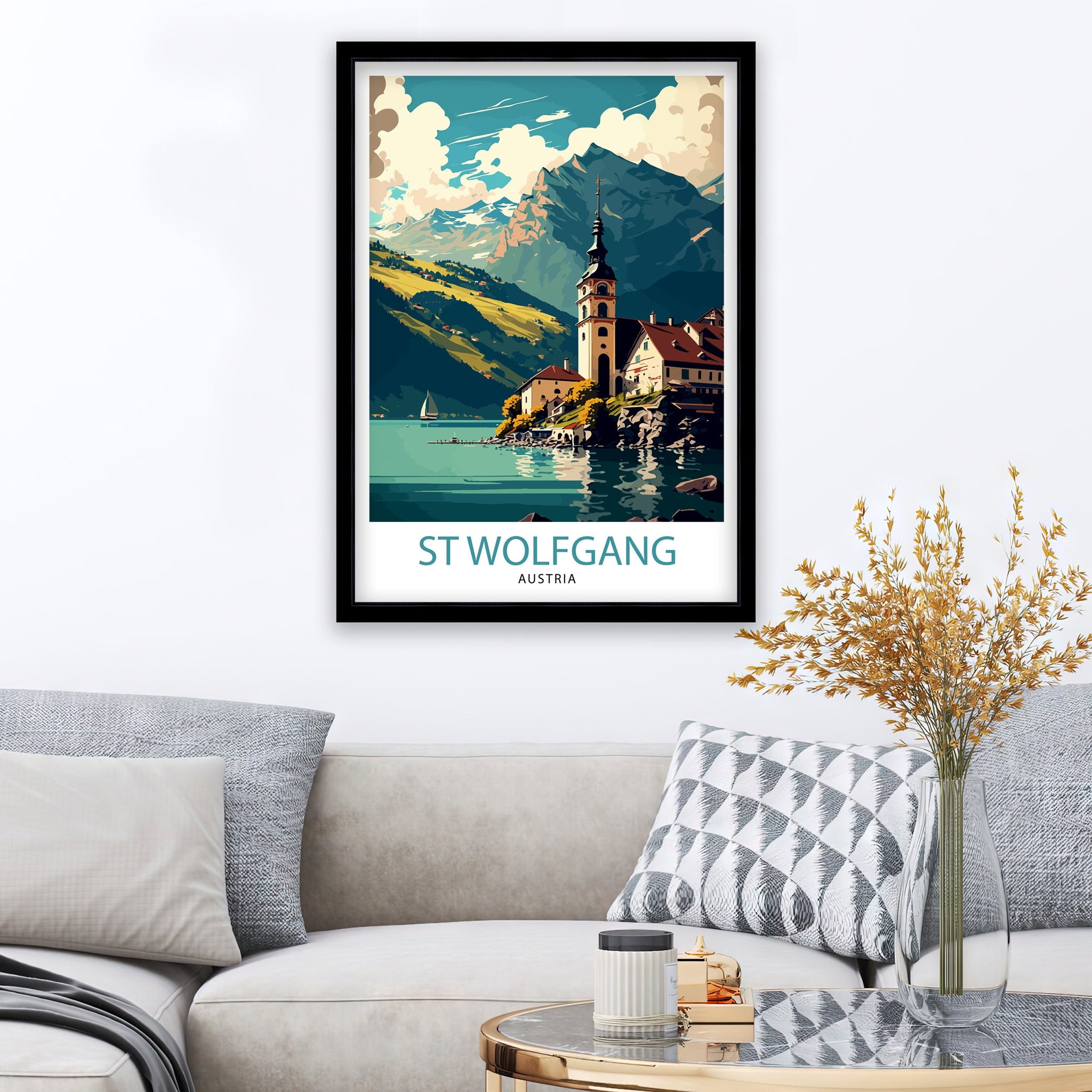 Saint Wolfgang Austria Travel Poster, Wolfgangsee Illustration