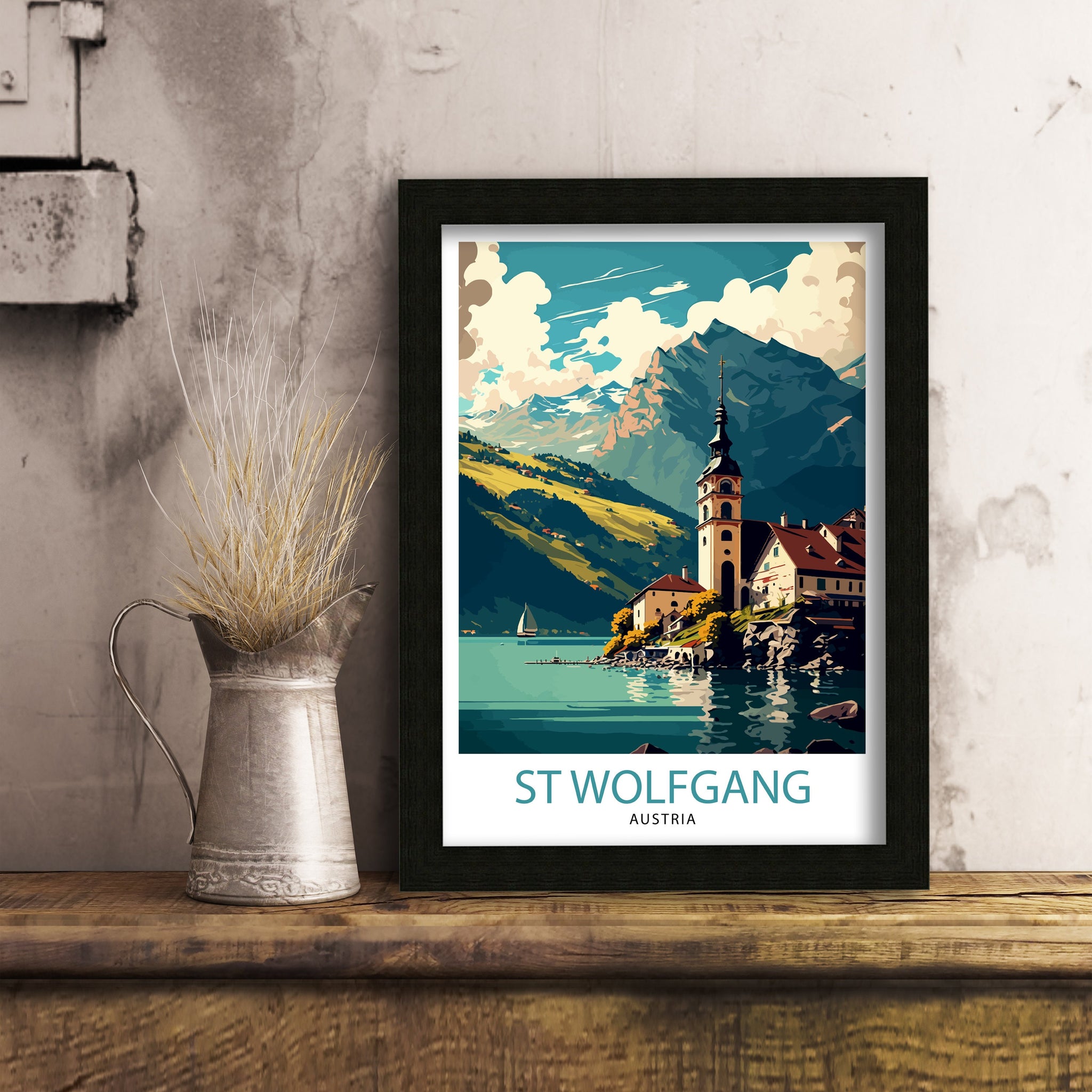 Saint Wolfgang Austria Travel Poster, Wolfgangsee Illustration