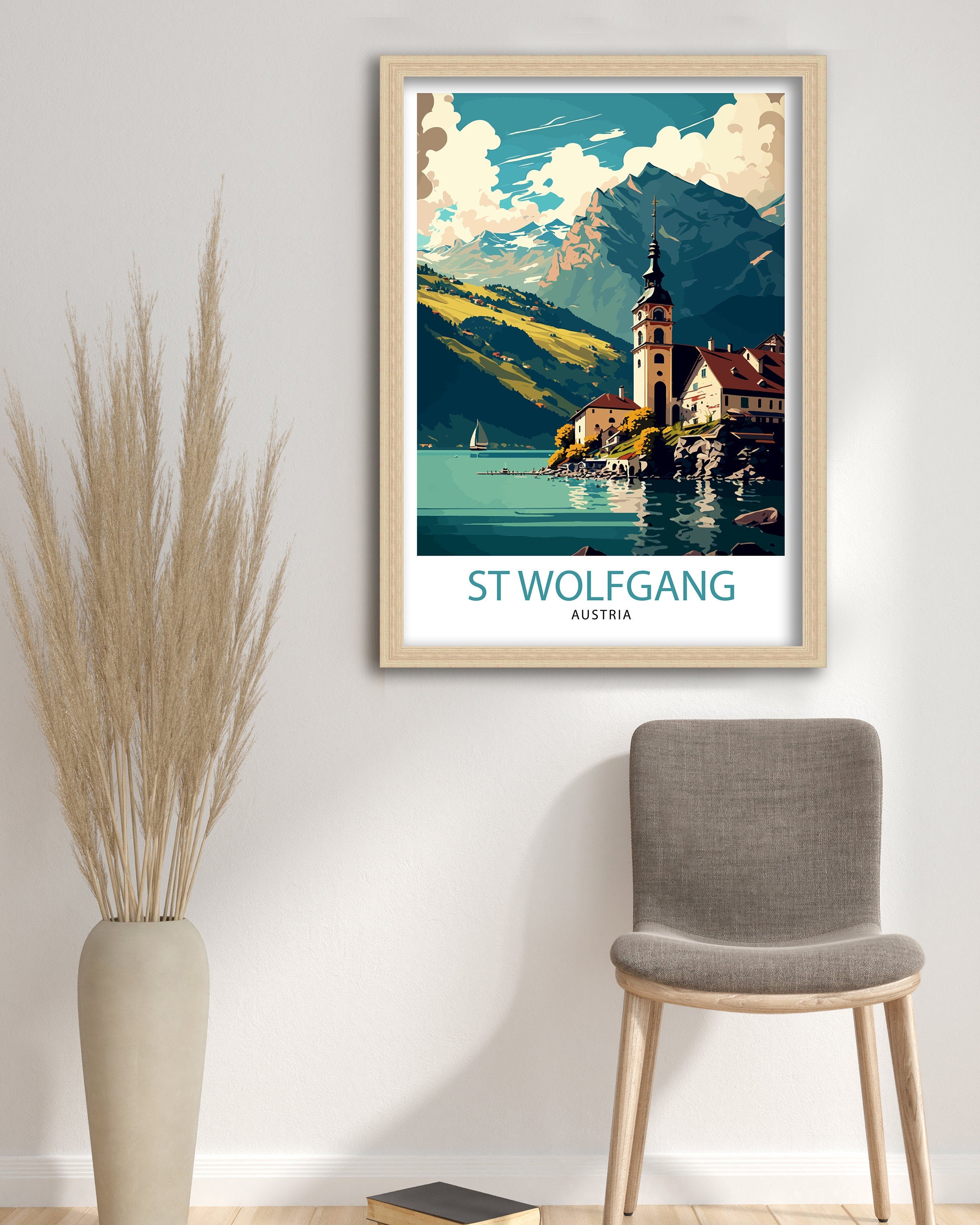 Saint Wolfgang Austria Travel Poster, Wolfgangsee Illustration