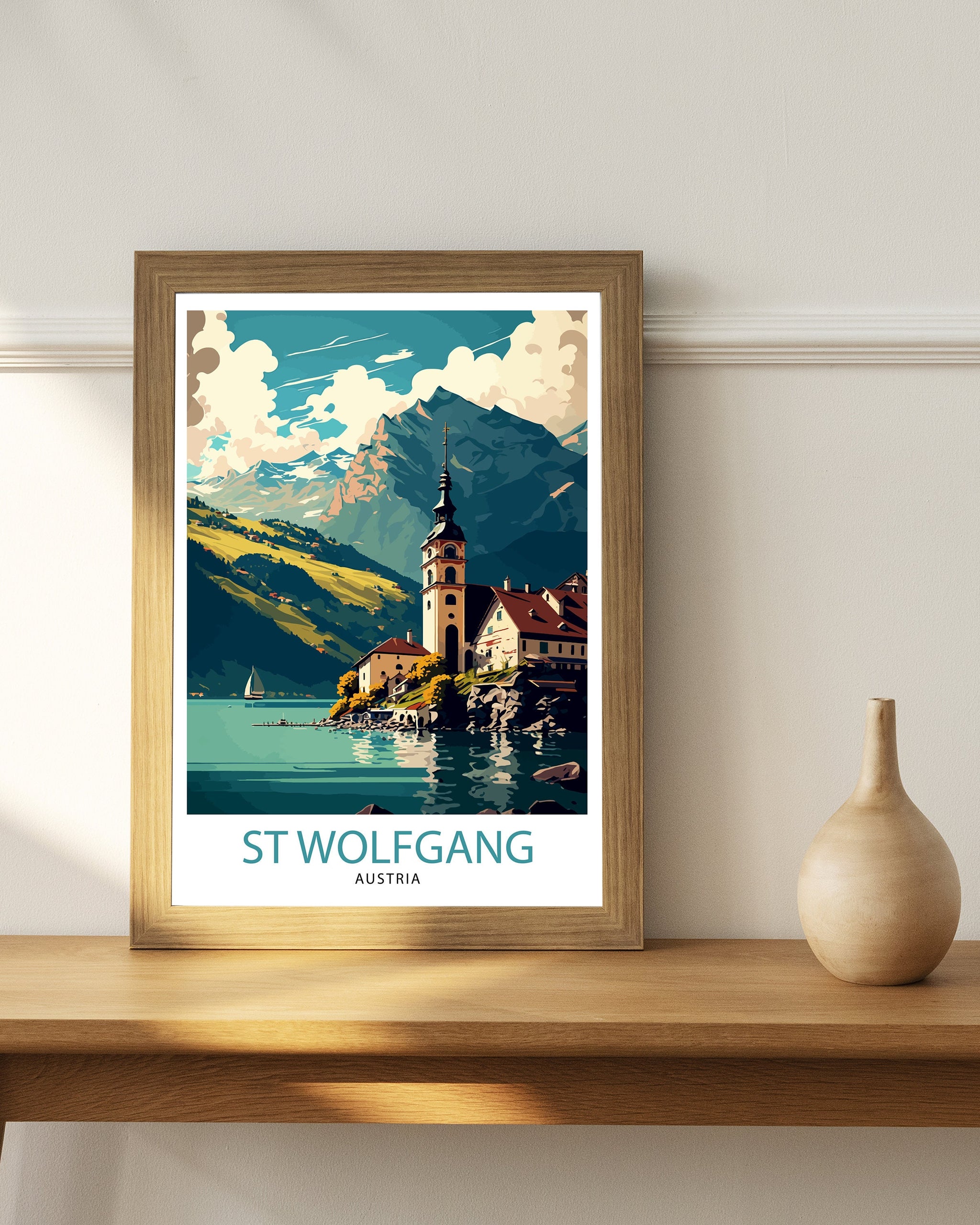 Saint Wolfgang Austria Travel Poster, Wolfgangsee Illustration