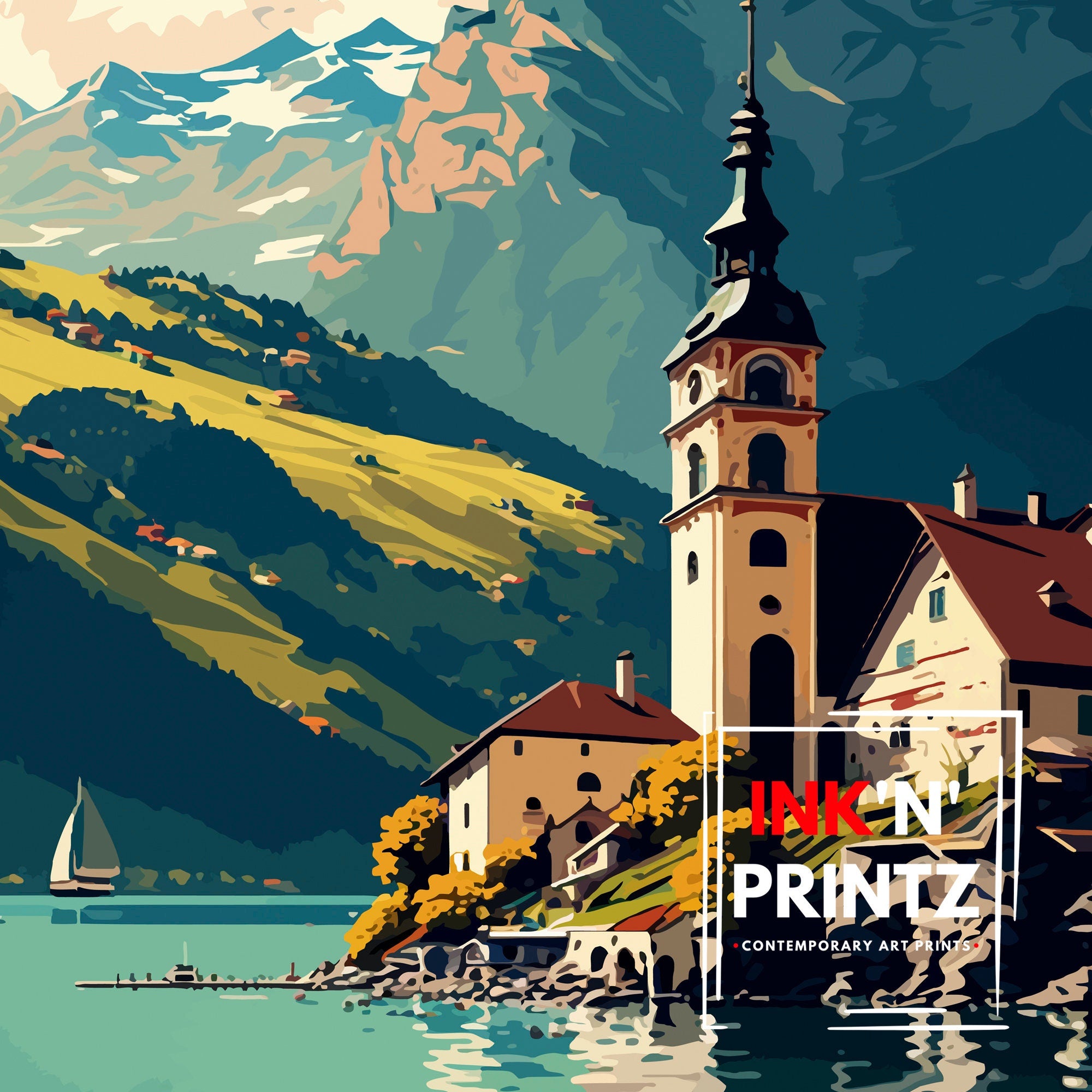 Saint Wolfgang Austria Travel Poster, Wolfgangsee Illustration