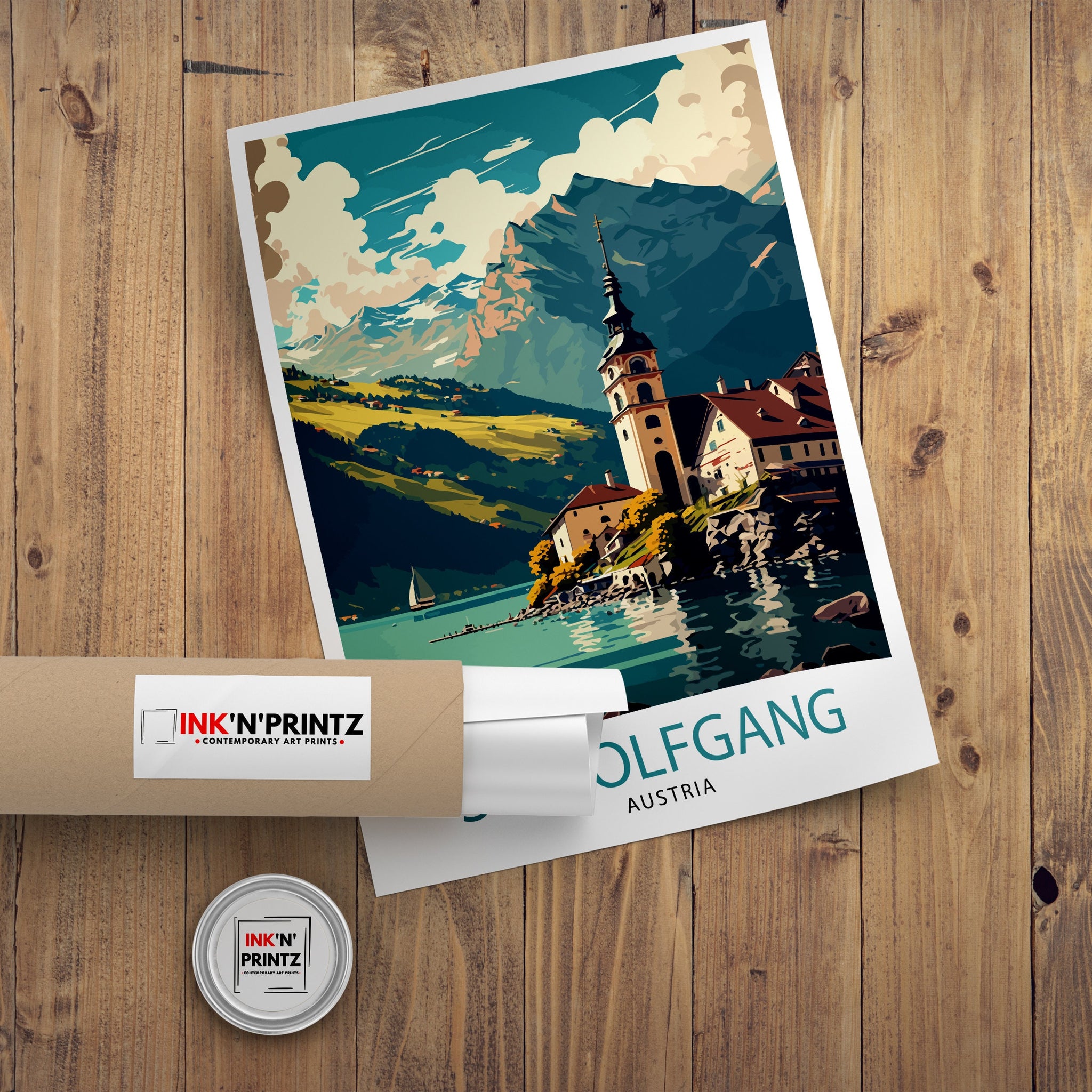 Saint Wolfgang Austria Travel Poster, Wolfgangsee Illustration
