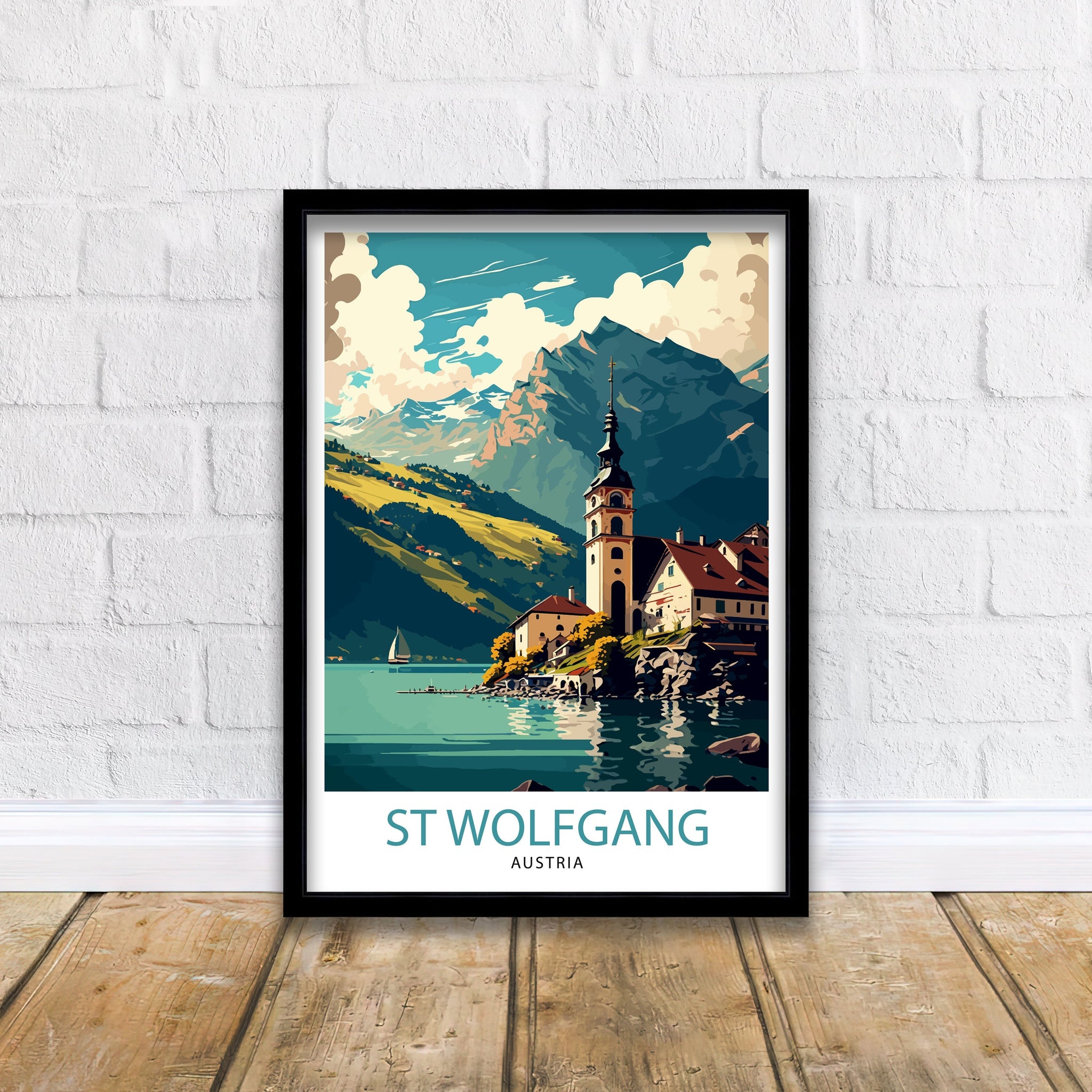 Saint Wolfgang Austria Travel Poster, Wolfgangsee Illustration