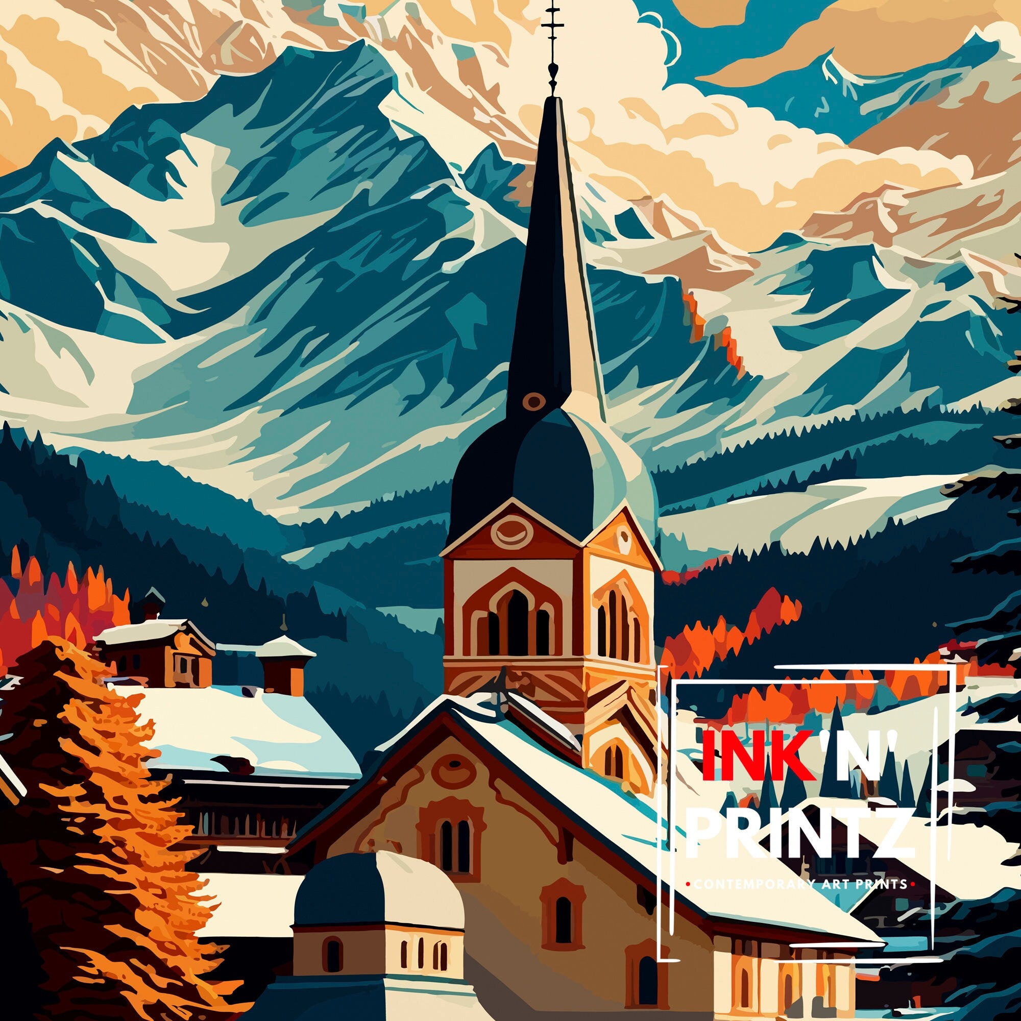 Kitzbuhel Austria Travel Poster | Vintage Alpine Illustration