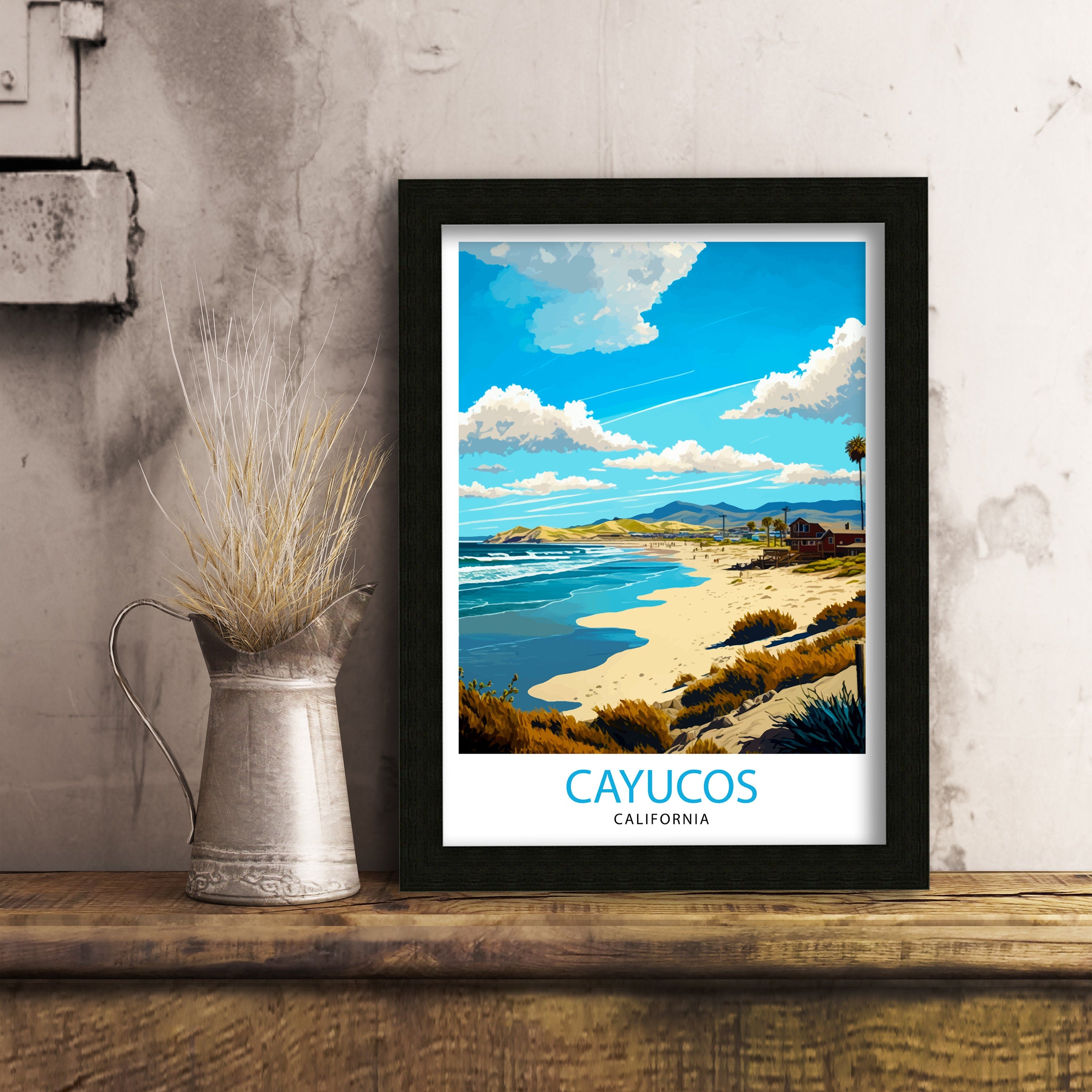 Cayucos Beach California Travel Print| Cayucos Wall Art Cayucos Home Decor California Beach Illustration Travel Poster Gift for Cayucos