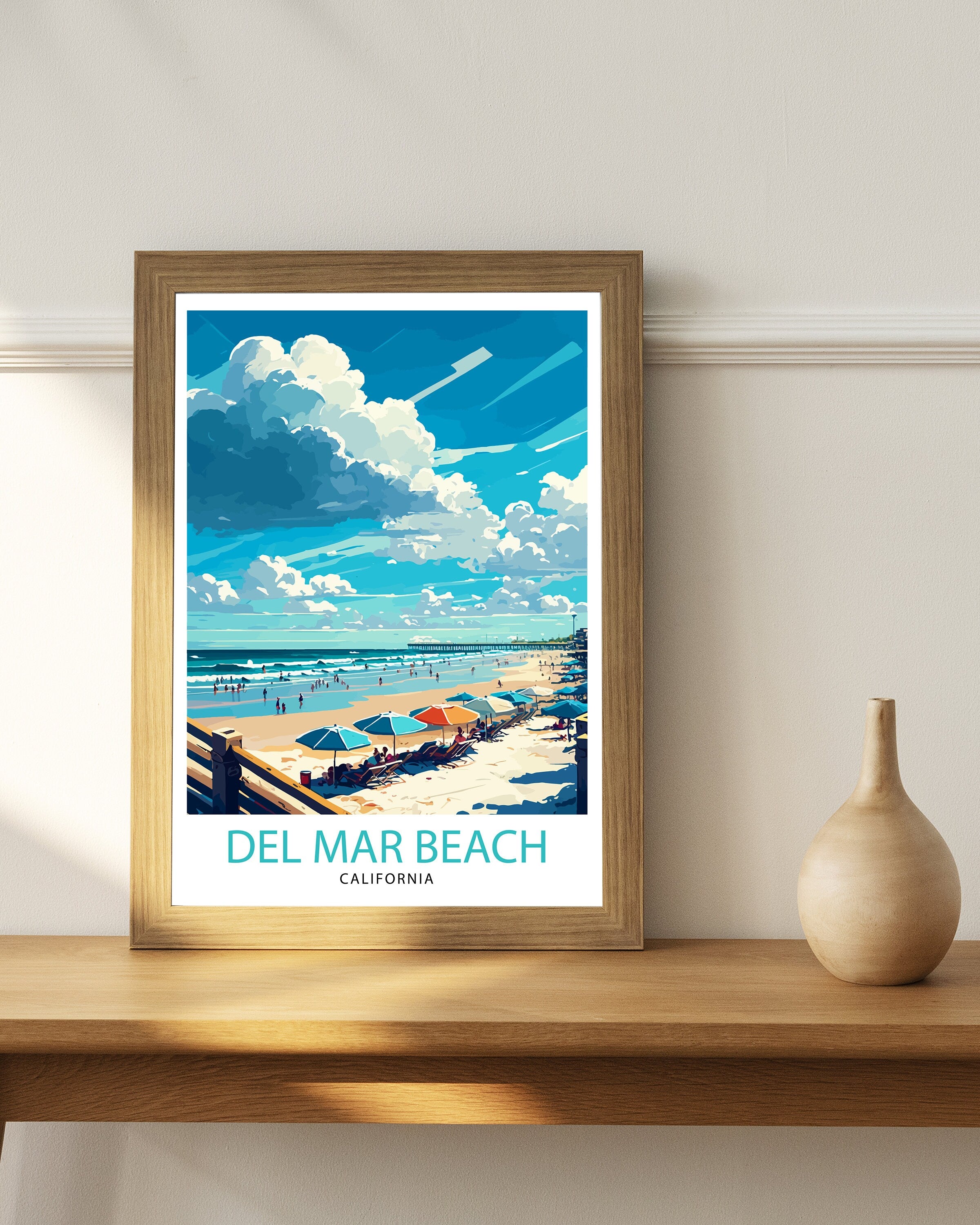 Del Mar Beach California Travel Print| Del Mar Wall Decor California Coastal Art Print Del Mar Home Living Decor Del Mar Beach Illustration