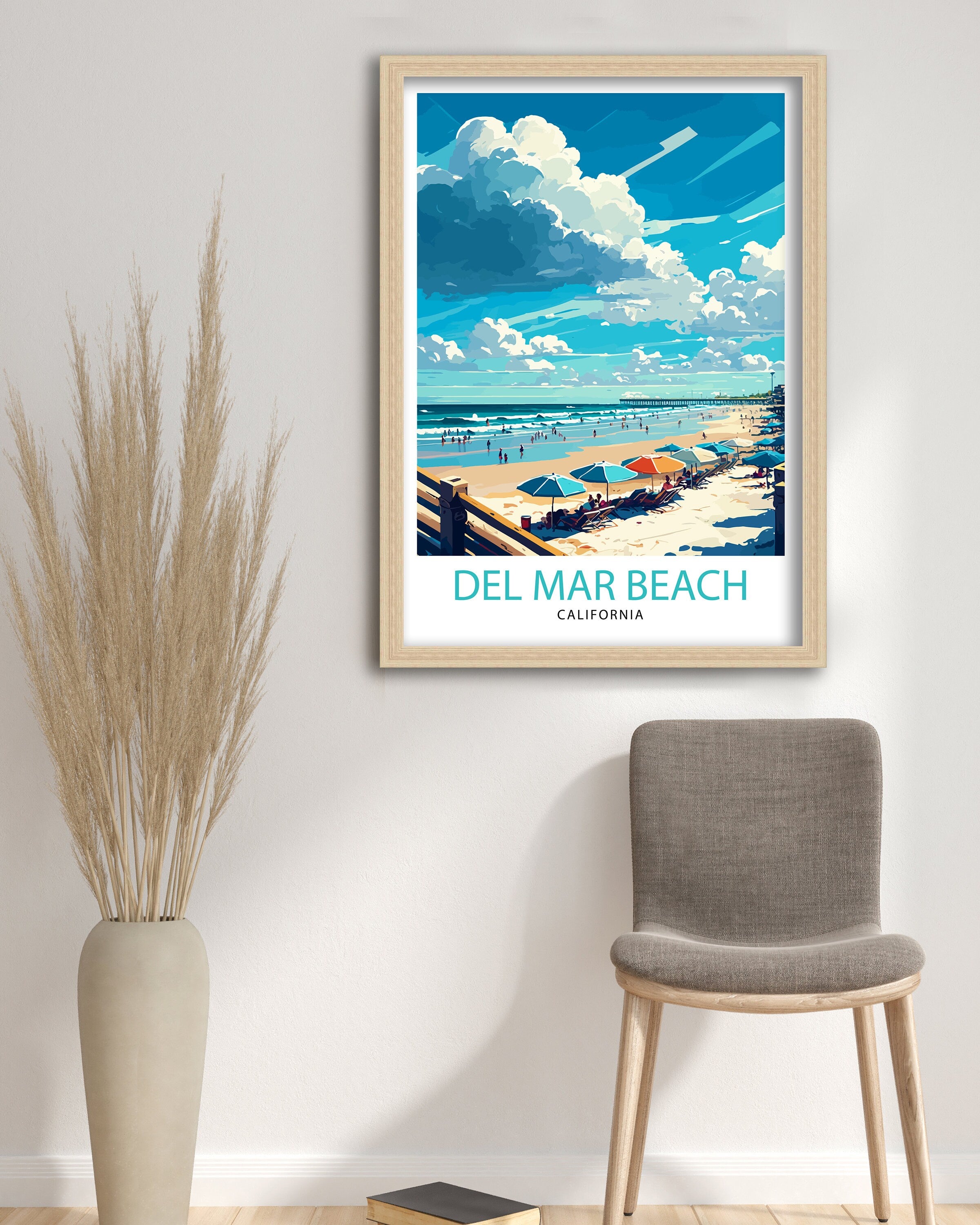 Del Mar Beach California Travel Print| Del Mar Wall Decor California Coastal Art Print Del Mar Home Living Decor Del Mar Beach Illustration
