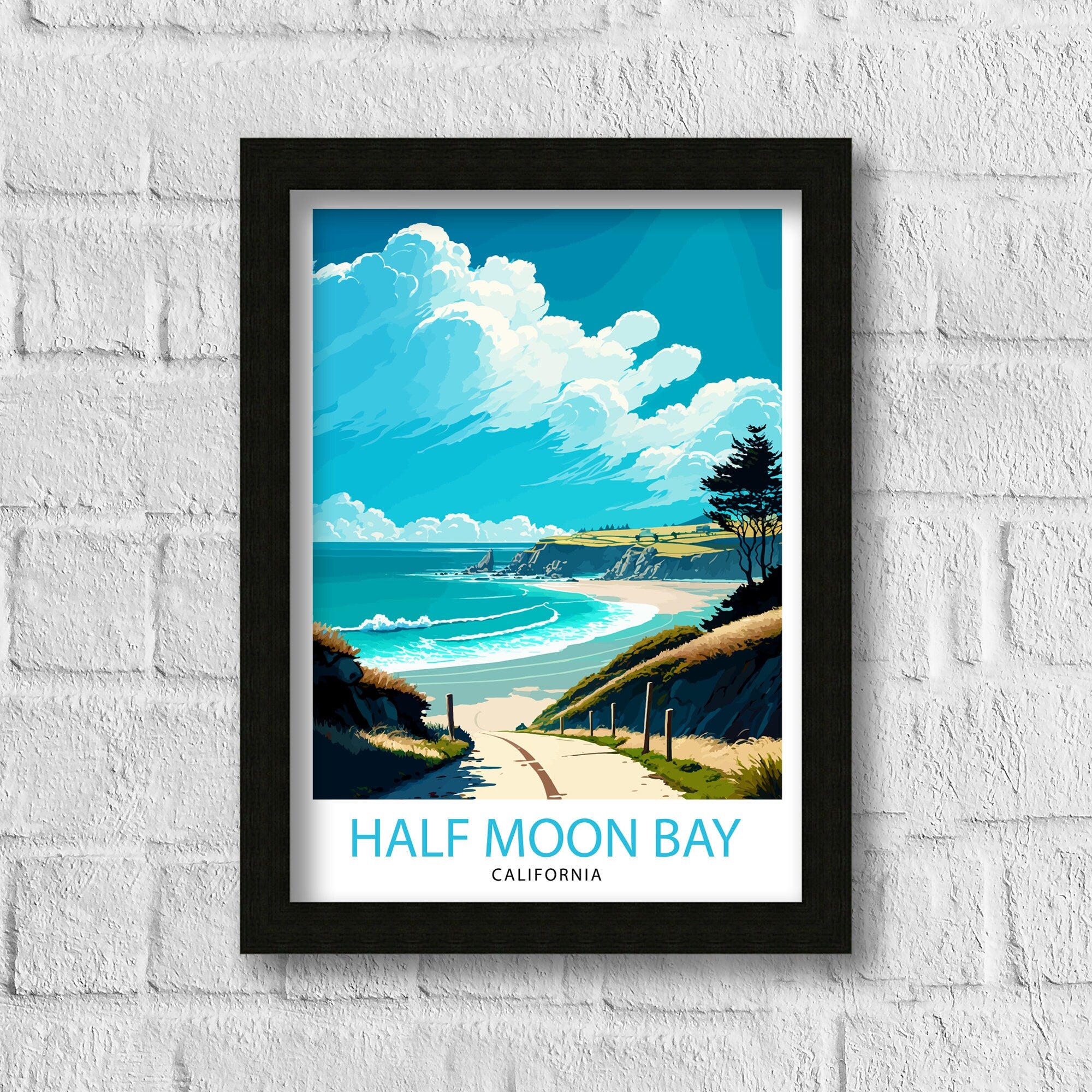 Half Moon Bay California Travel Print| Wall Art Decor Coastal Illustration Travel Poster California Beach Home Decor Gift for Beach Lovers