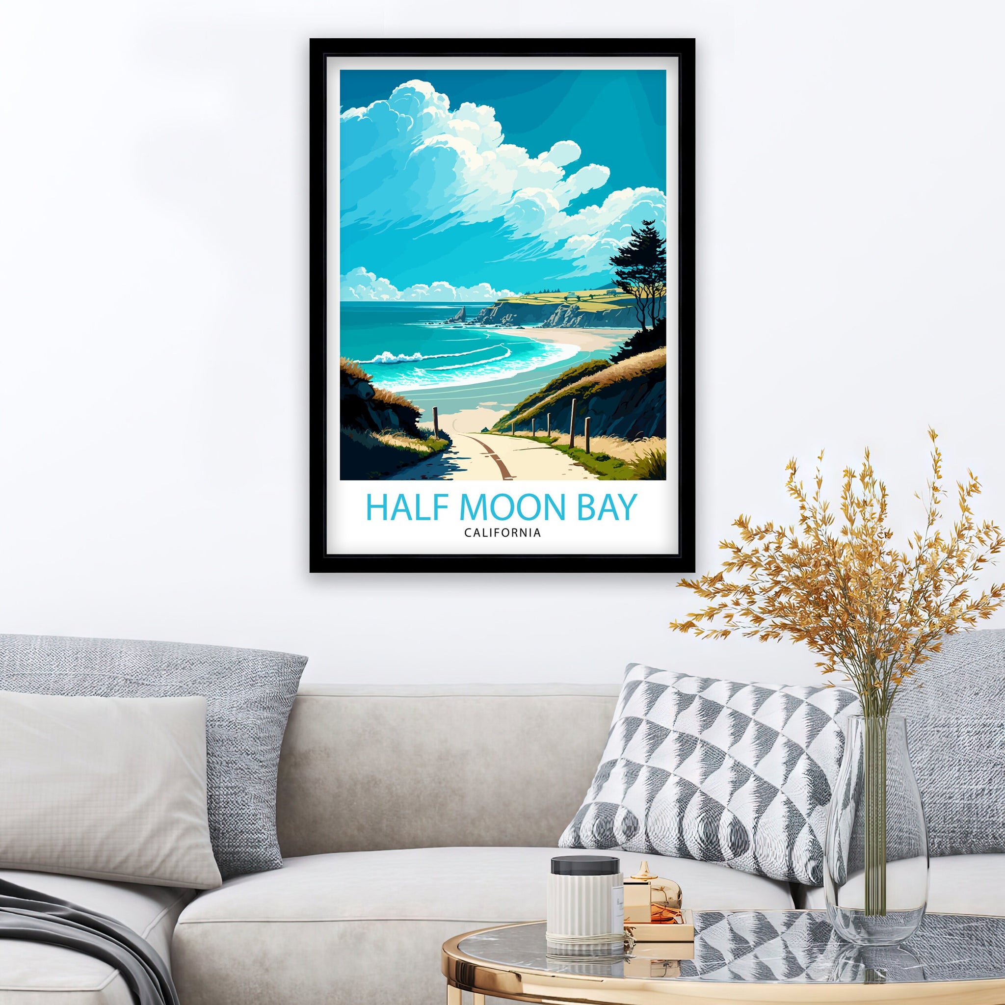 Half Moon Bay California Travel Print| Wall Art Decor Coastal Illustration Travel Poster California Beach Home Decor Gift for Beach Lovers