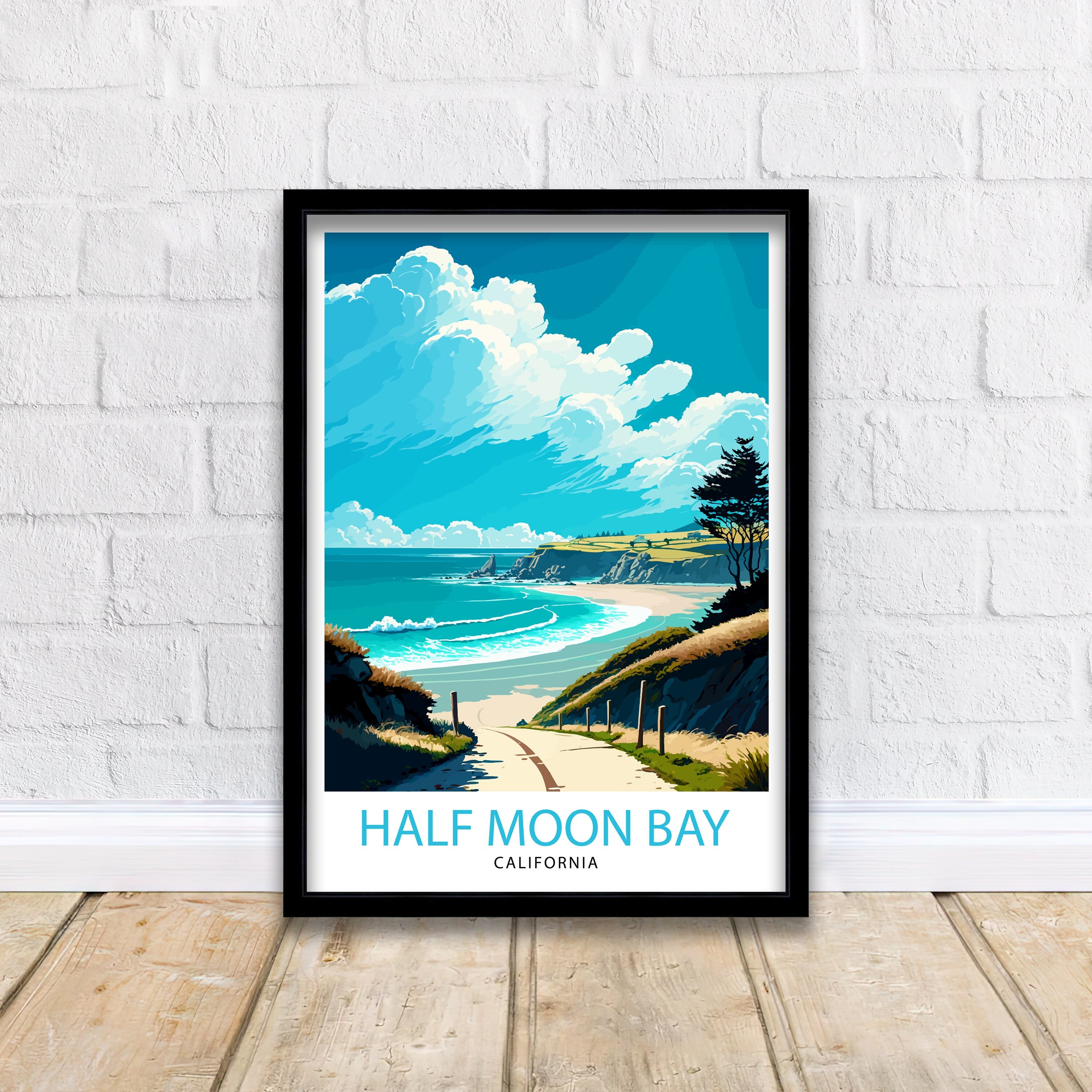 Half Moon Bay California Travel Print| Wall Art Decor Coastal Illustration Travel Poster California Beach Home Decor Gift for Beach Lovers
