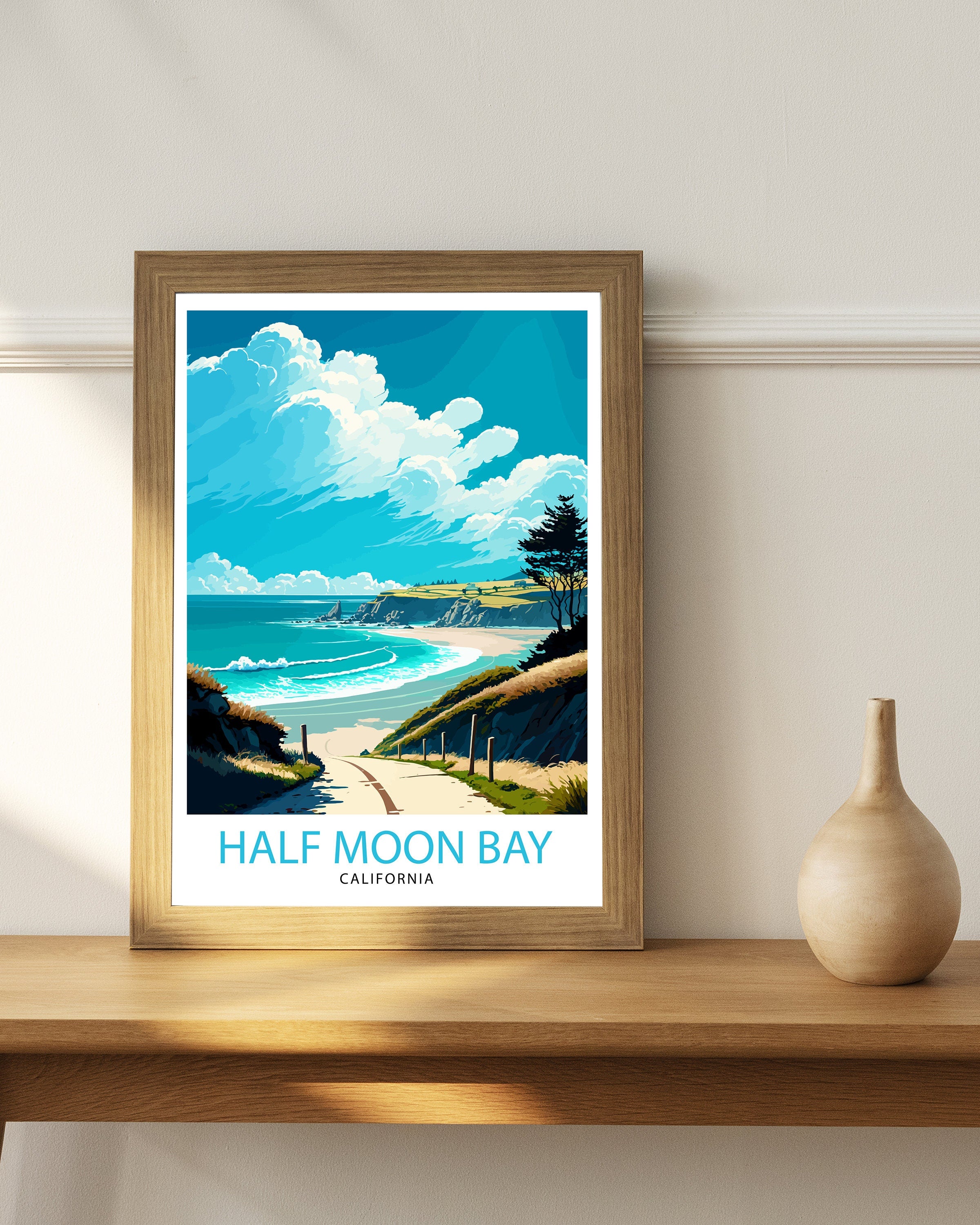 Half Moon Bay California Travel Print| Wall Art Decor Coastal Illustration Travel Poster California Beach Home Decor Gift for Beach Lovers