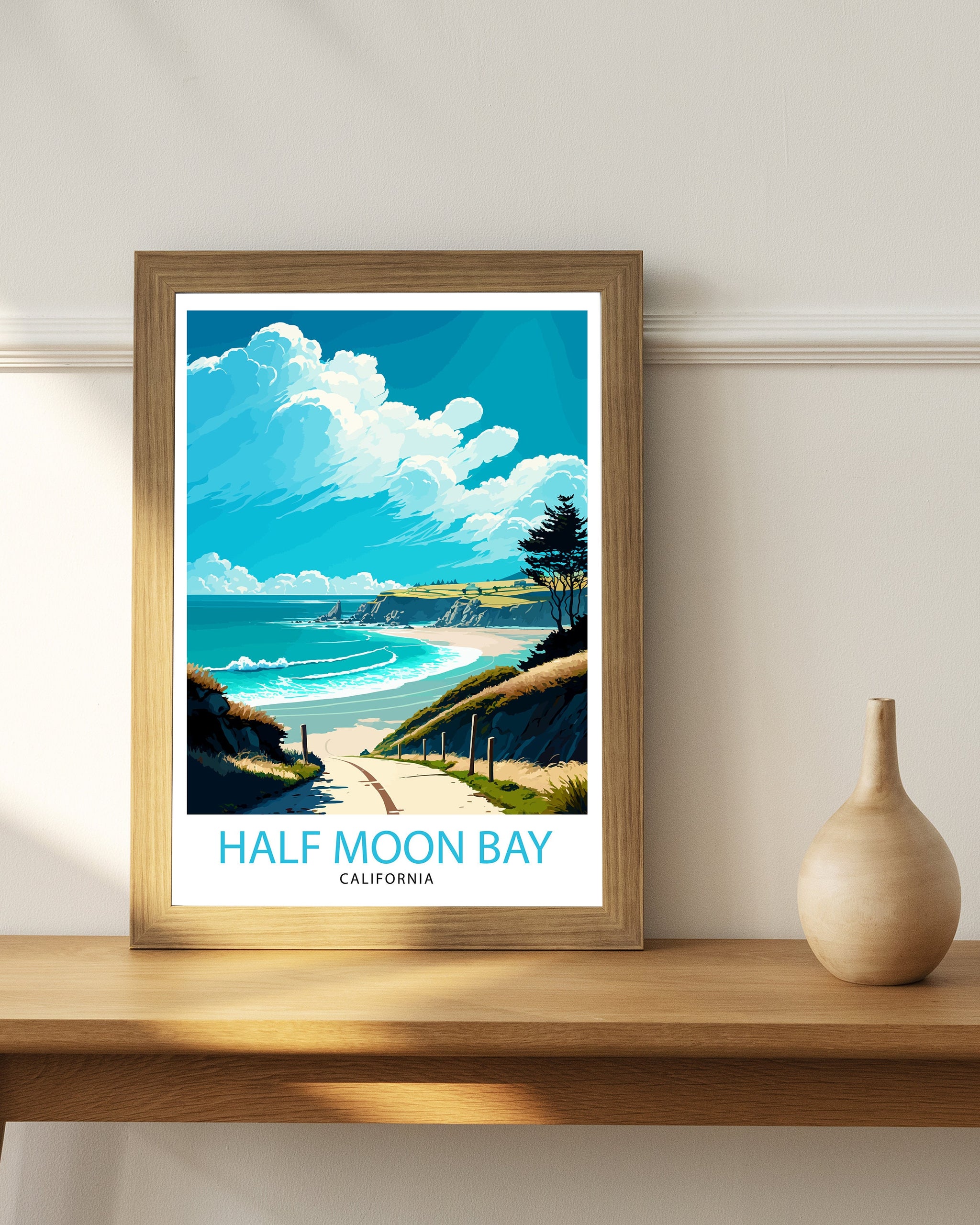 Half Moon Bay California Travel Print| Wall Art Decor Coastal Illustration Travel Poster California Beach Home Decor Gift for Beach Lovers