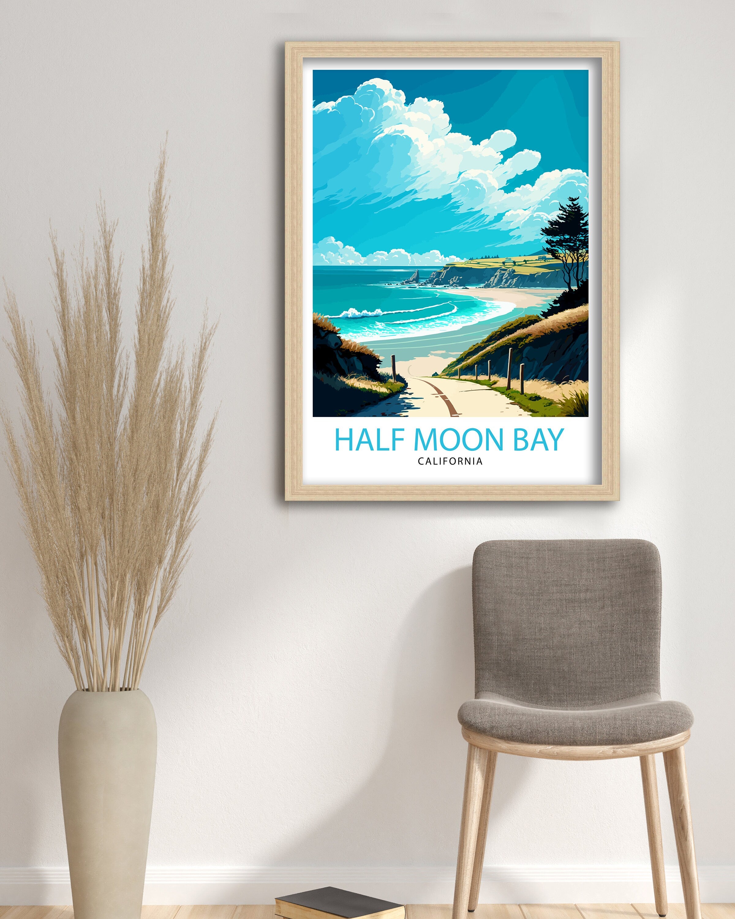 Half Moon Bay California Travel Print| Wall Art Decor Coastal Illustration Travel Poster California Beach Home Decor Gift for Beach Lovers