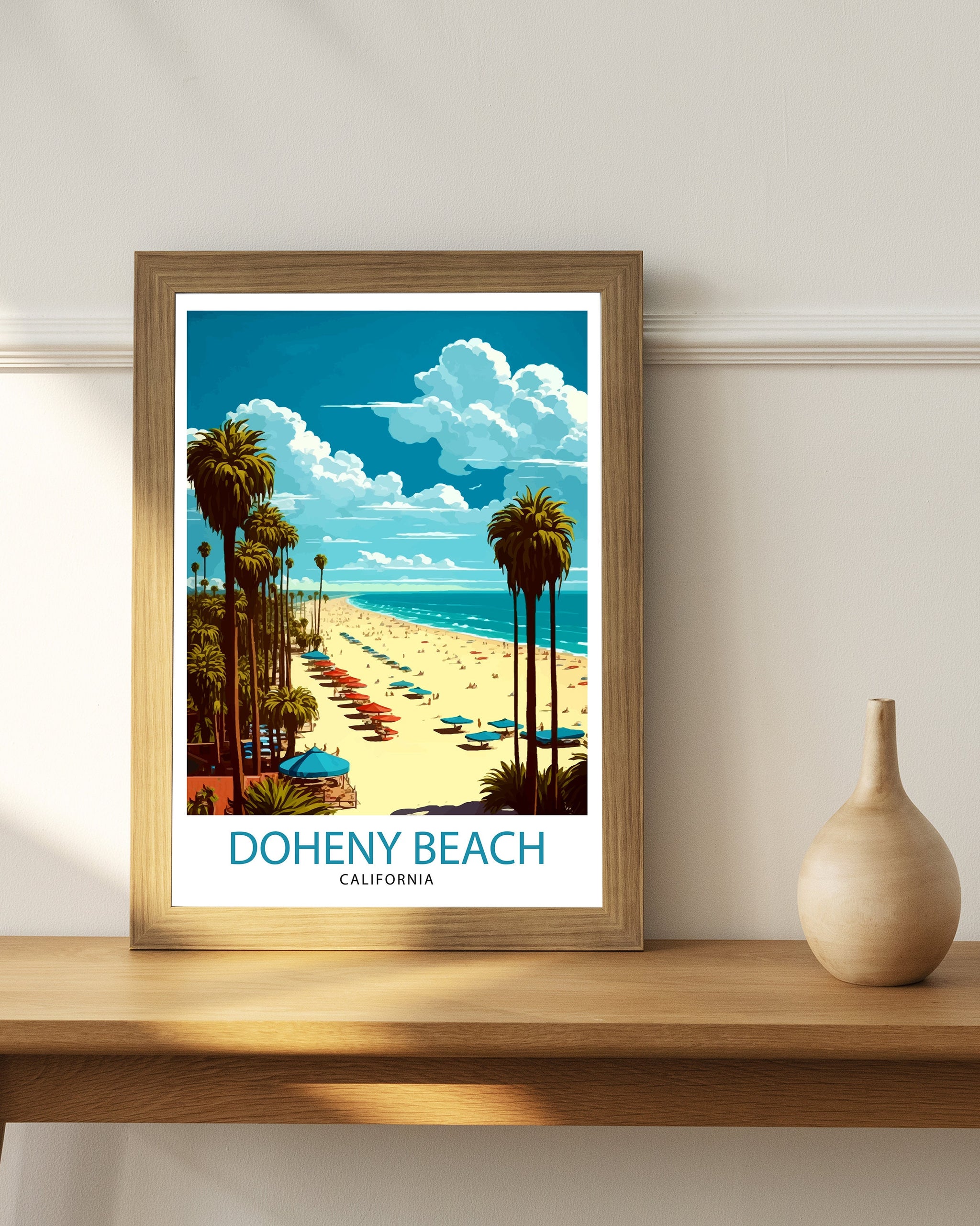 Doheny Beach California Travel Print, Doheny Beach Wall Decor, Doheny Beach Home Living Decor, Doheny Beach Illustration Travel Poster, Gift