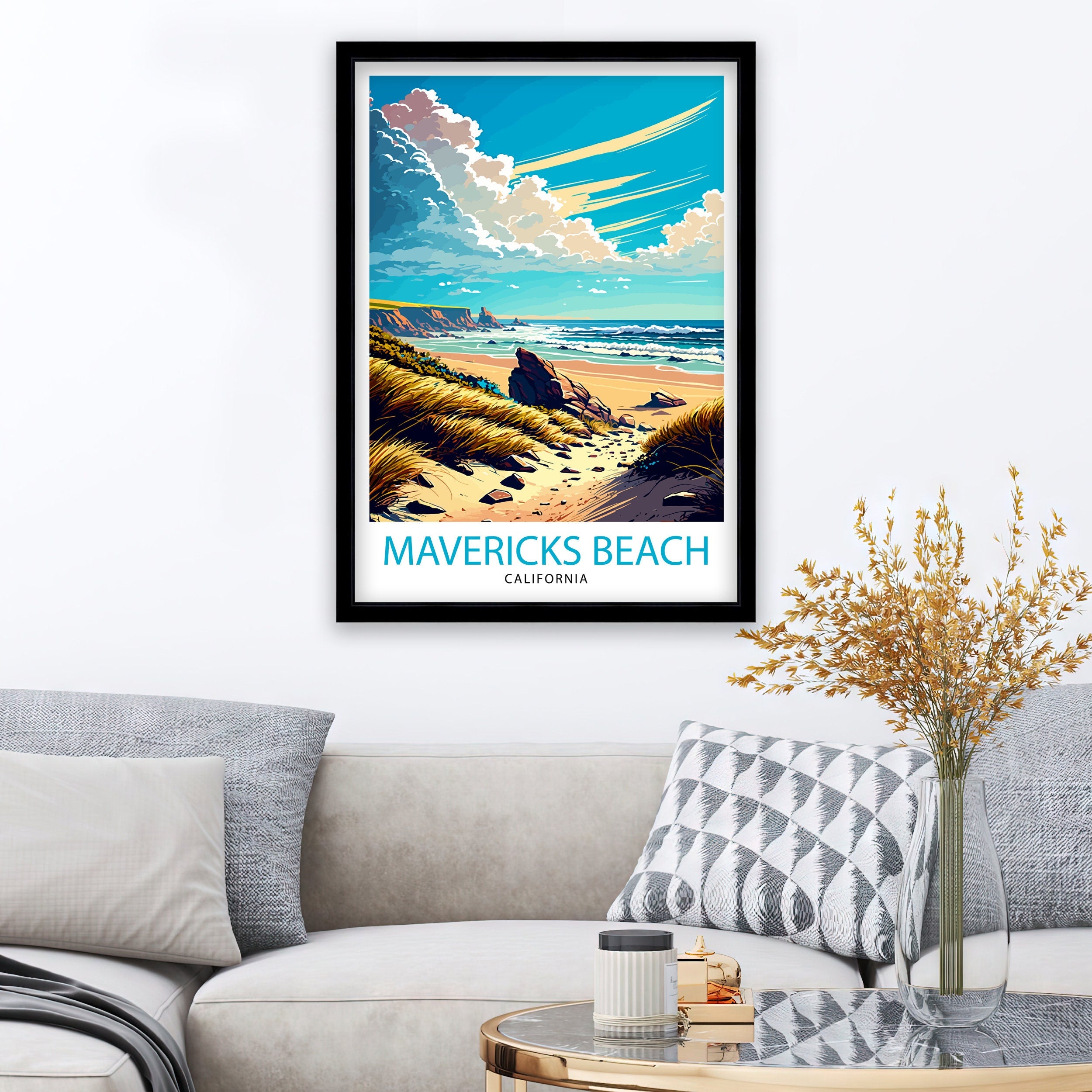 Mavericks Beach California Art Print | Surfing Travel Poster