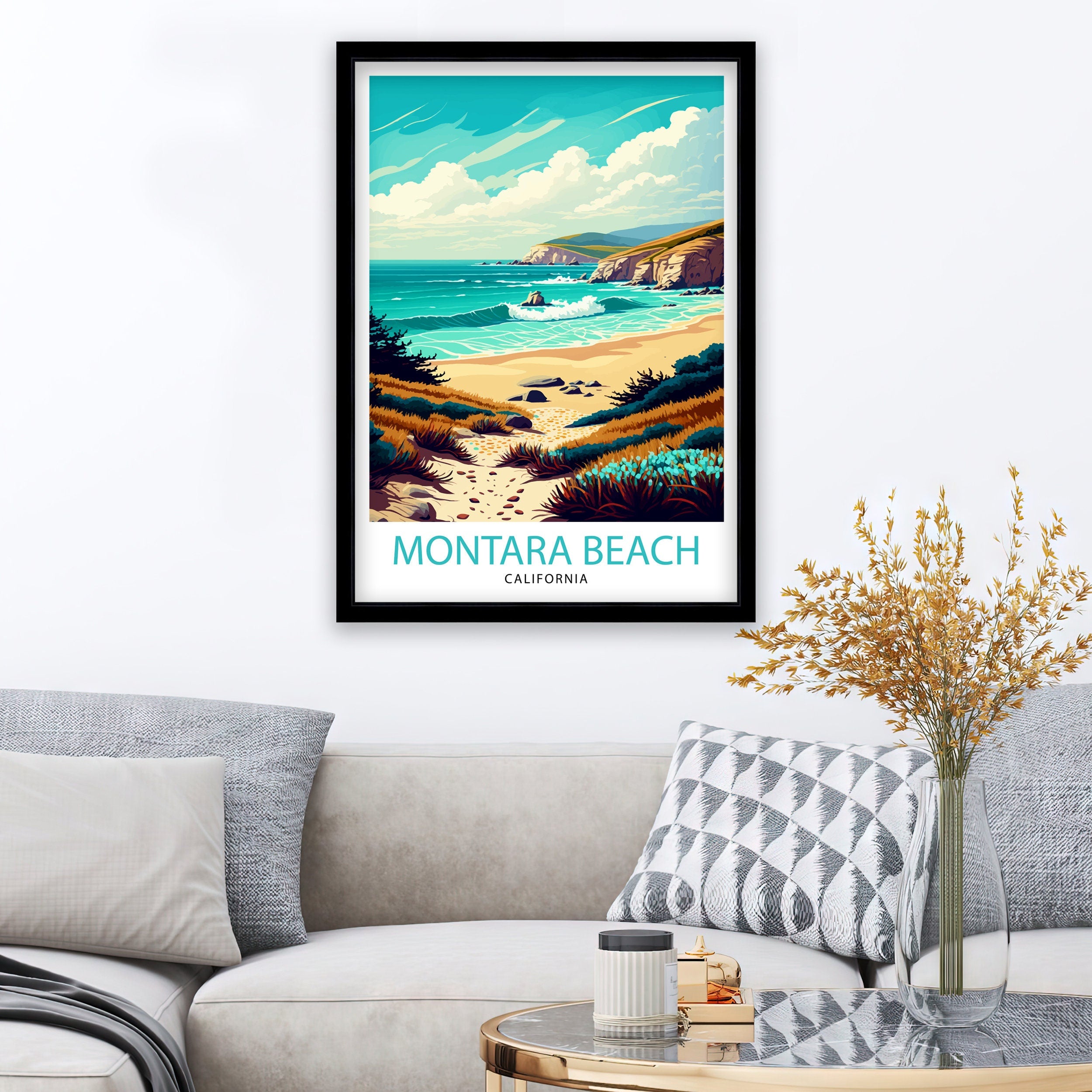 Montara Beach California Travel Print| Montara Wall Art Montara Beach Home Decor California Coast Illustration Print Montara Travel Poster