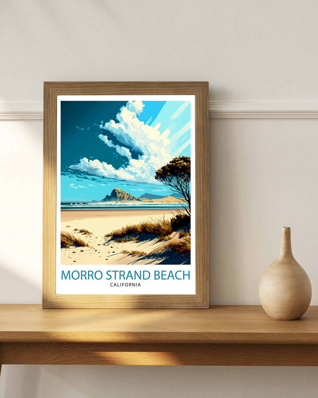 Morro Strand California Travel Print| Morro Bay Wall Art Coastal Living Decor Morro Strand Beach Illustration California Travel Poster