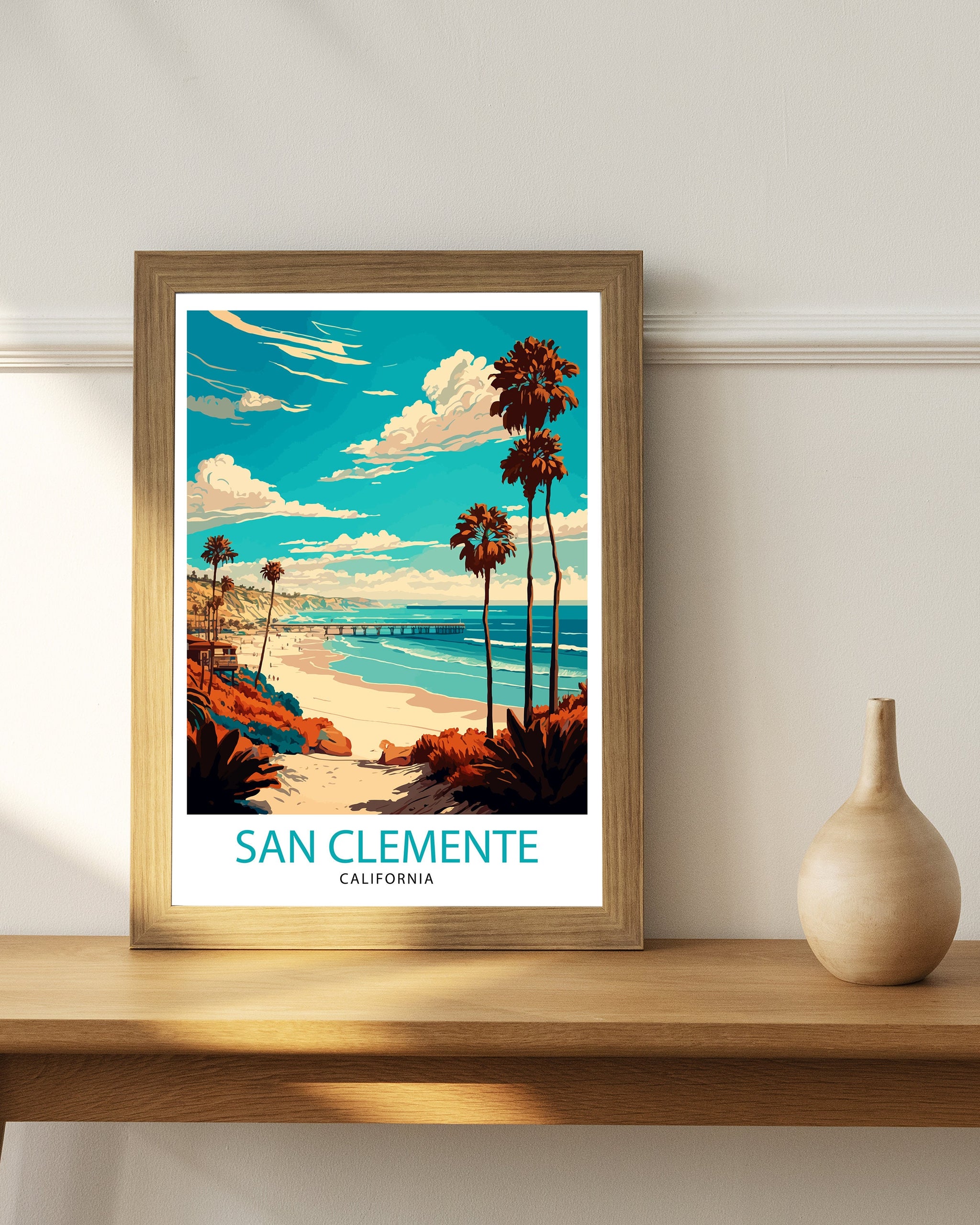 San Clemente Beach California Travel Print| Poster Coastal Wall Decor Surfing Art Home Living Decor California Illustration Travel