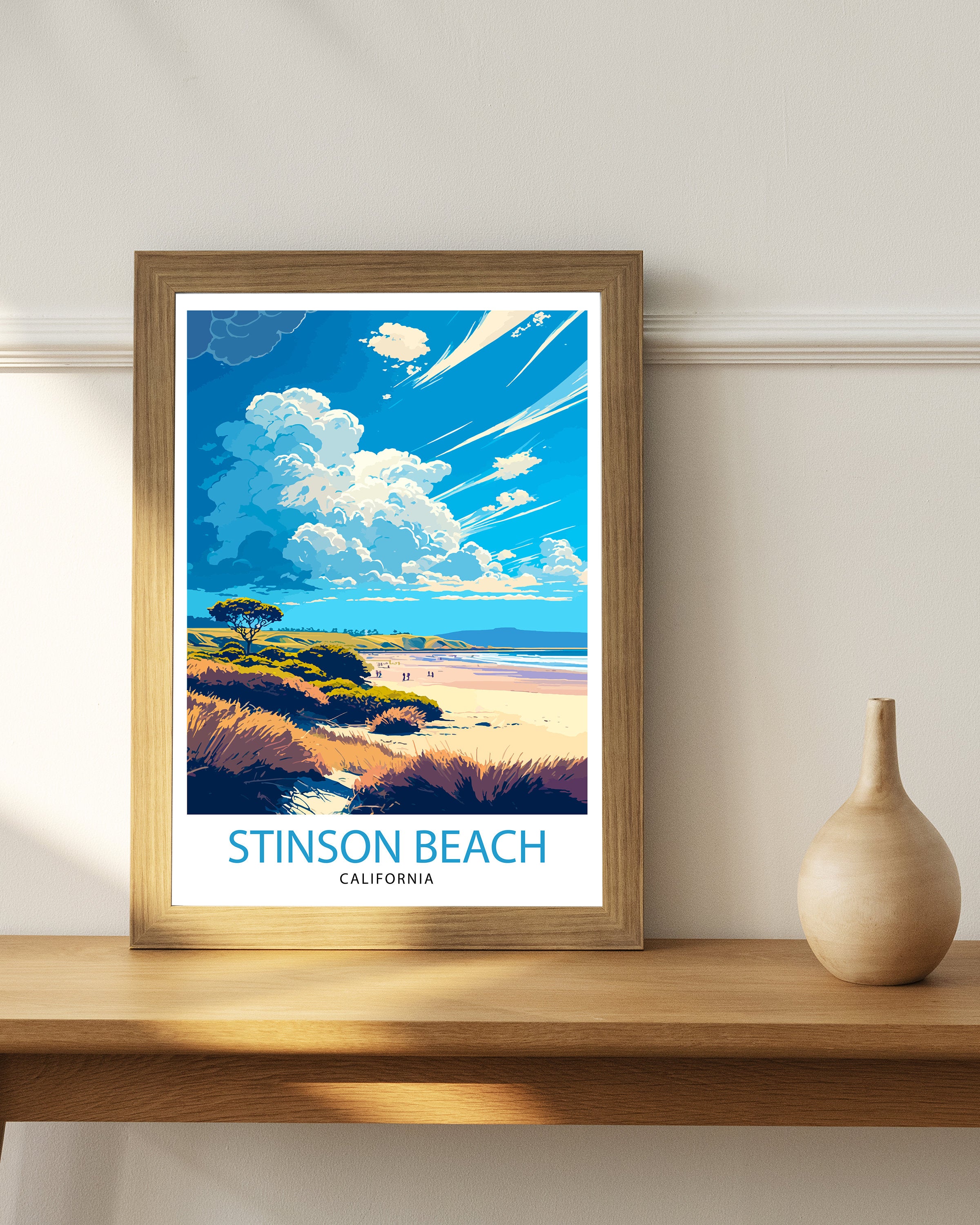 Stinson Beach California Travel Print| Wall Decor Home Living Decor Illustration Travel Poster Gift for Stinson Beach California Home Decor