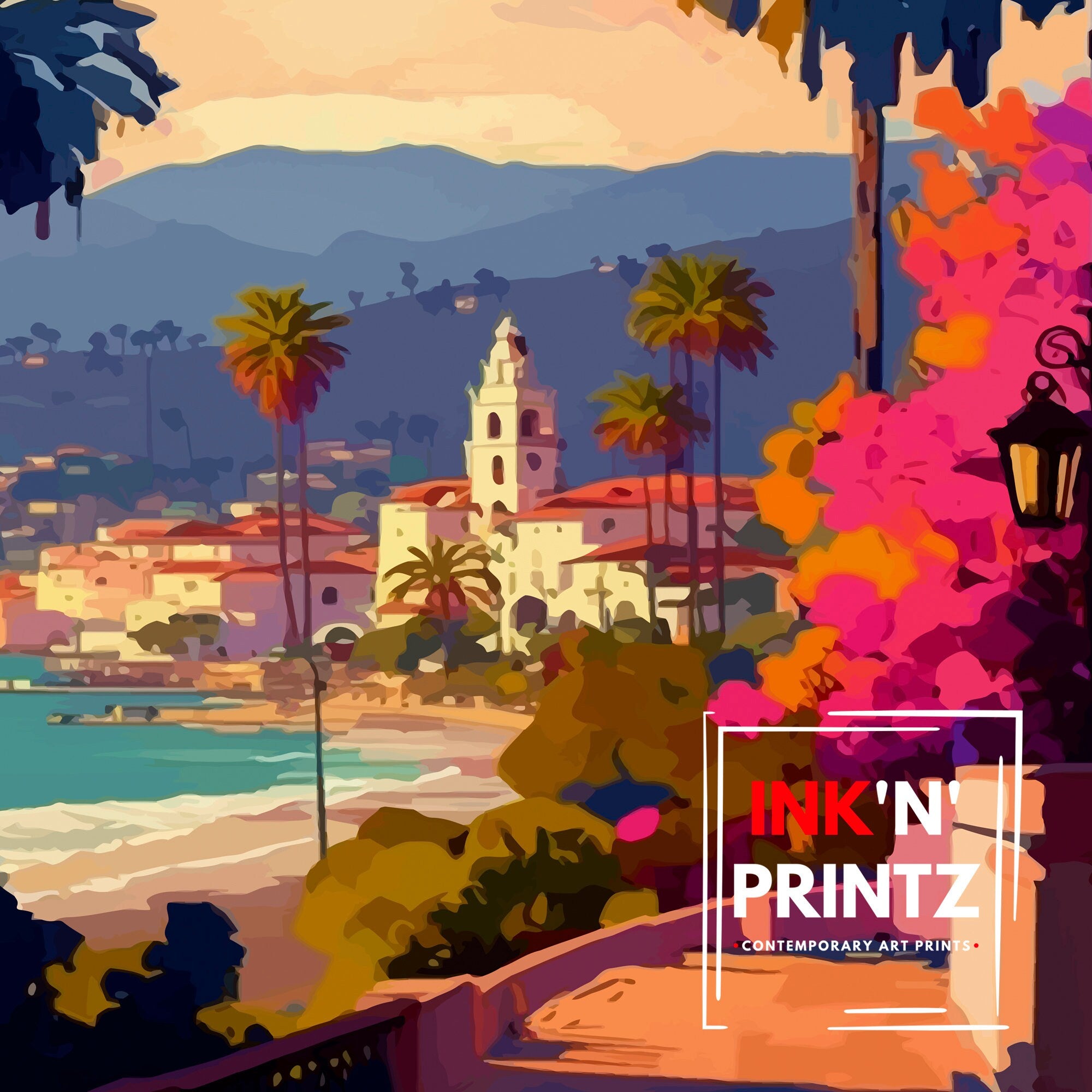Santa Barbara California Travel Print| Santa Barbara Wall Decor Santa Barbara Home Living Decor Santa Barbara California Illustration Travel