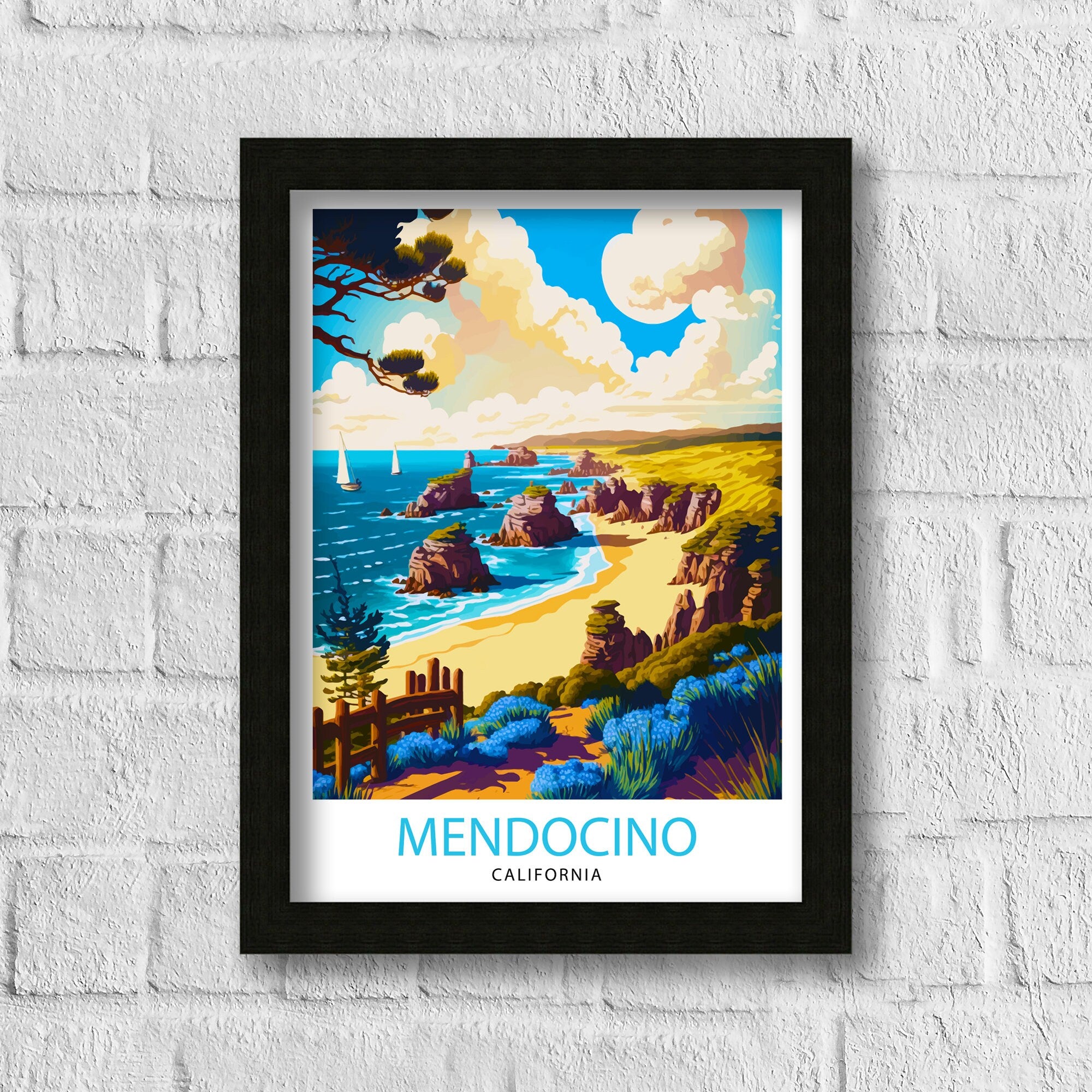 Mendocino California Travel Print| Mendocino Wall Decor Mendocino Illustration Travel Poster Gift For Mendocino California Home Decor