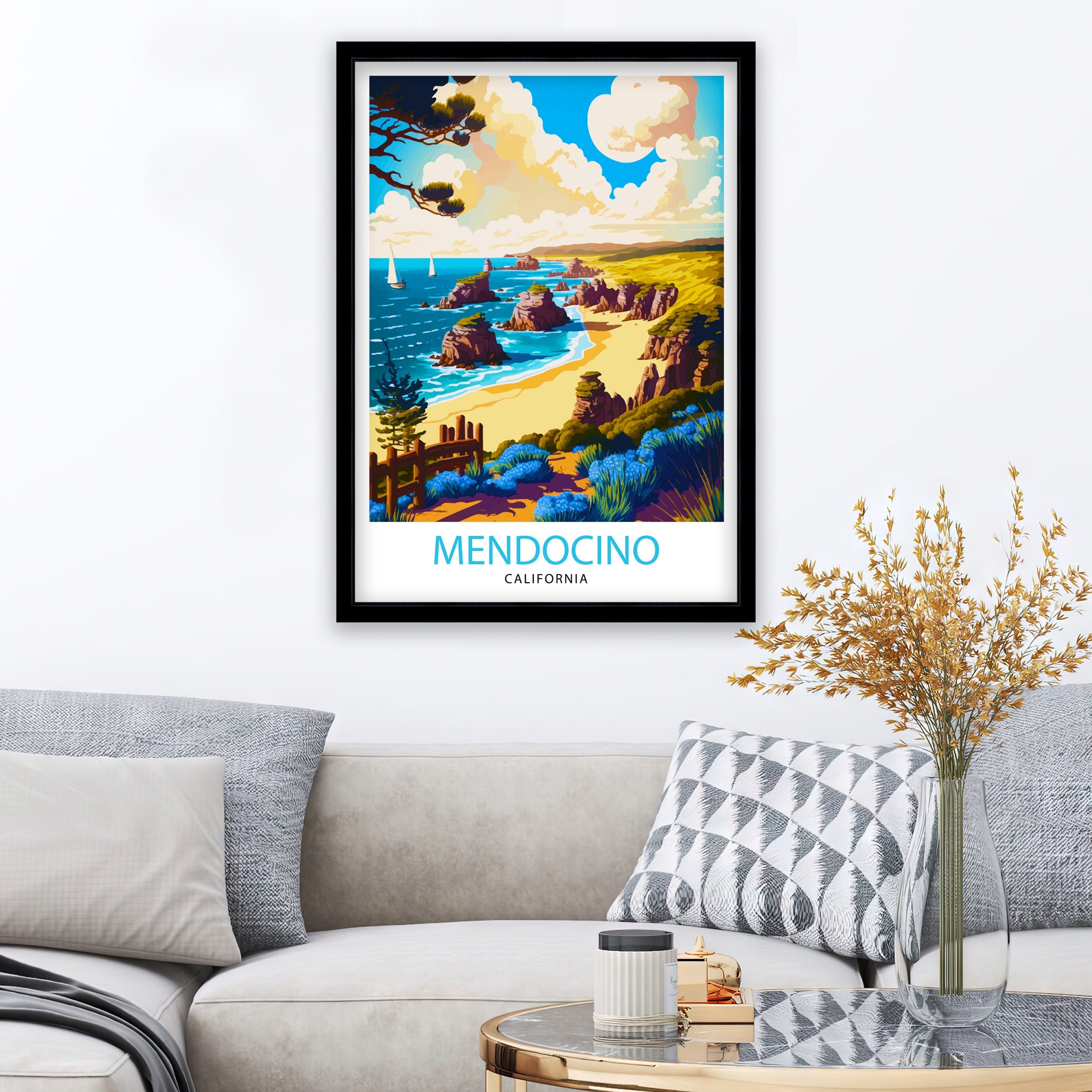 Mendocino California Travel Print| Mendocino Wall Decor Mendocino Illustration Travel Poster Gift For Mendocino California Home Decor