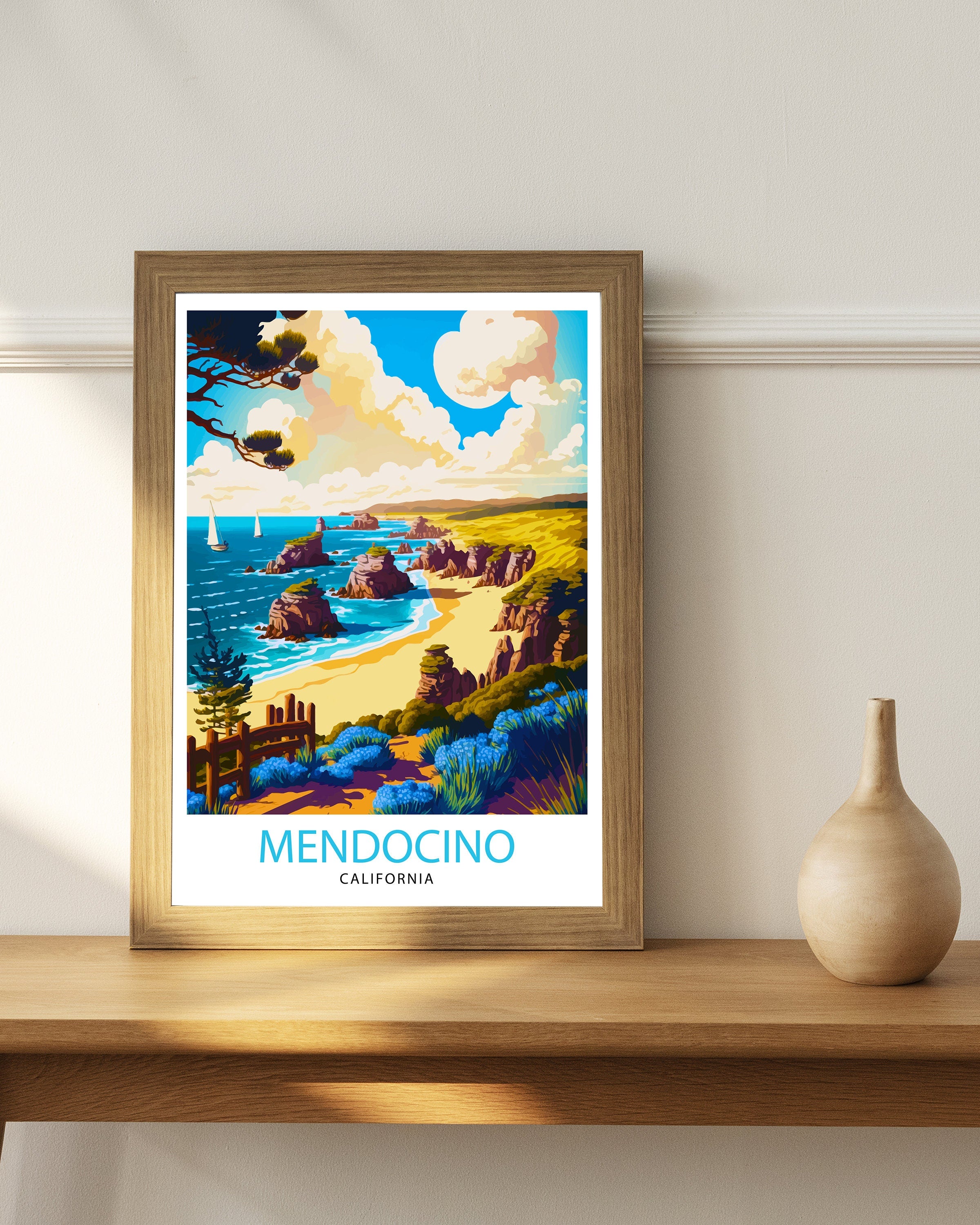 Mendocino California Travel Print| Mendocino Wall Decor Mendocino Illustration Travel Poster Gift For Mendocino California Home Decor