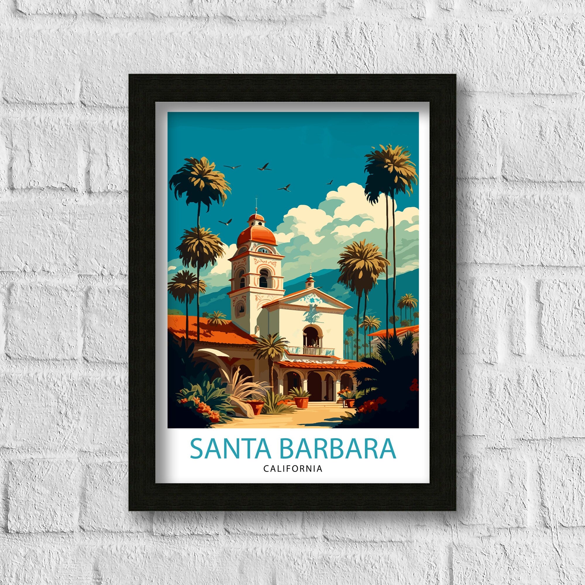 Santa Barbara California Travel Print| Wall Art, Home Decor Travel Poster Santa Barbara Illustration California Gift Santa Barbara Art