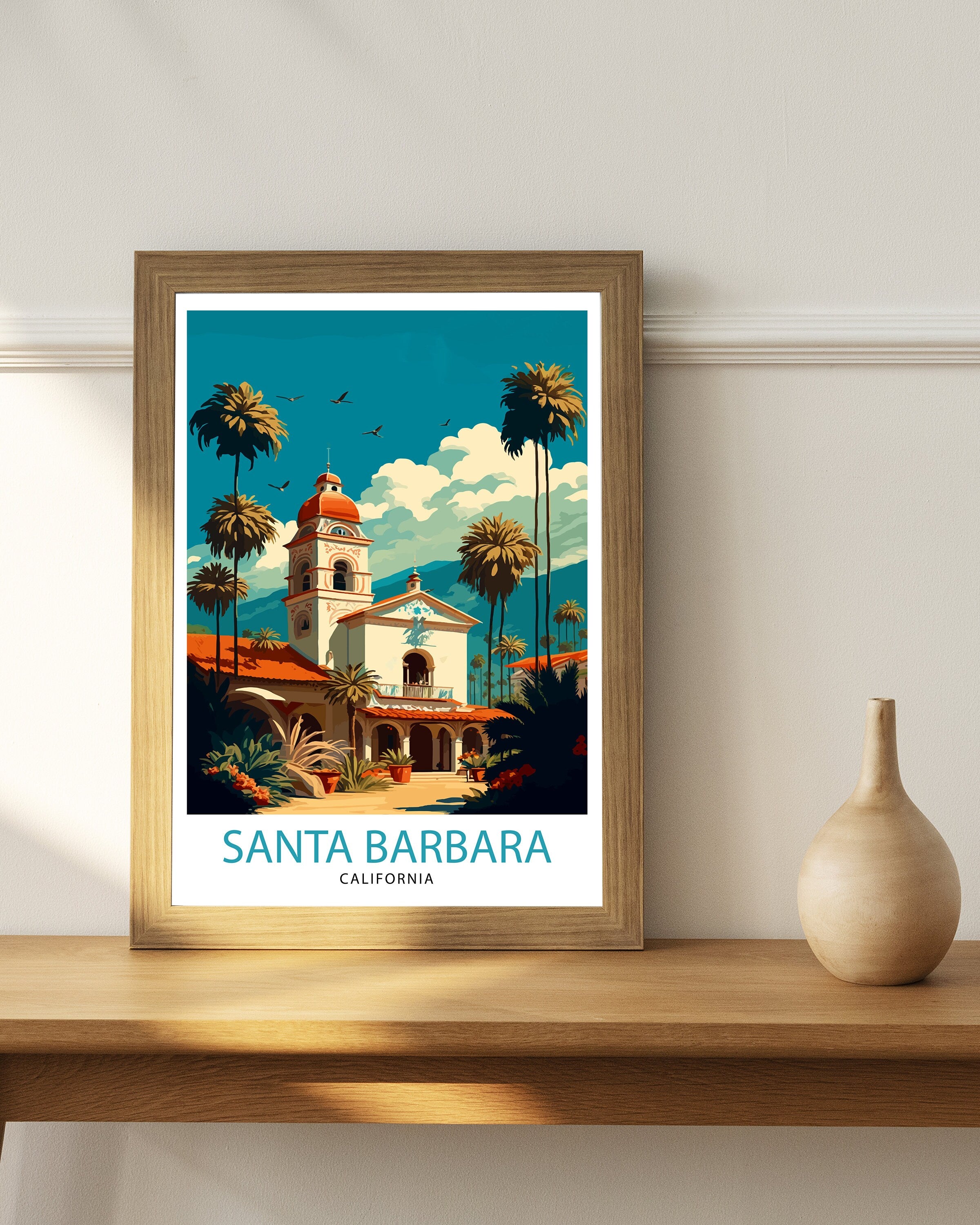 Santa Barbara California Travel Print| Wall Art, Home Decor Travel Poster Santa Barbara Illustration California Gift Santa Barbara Art