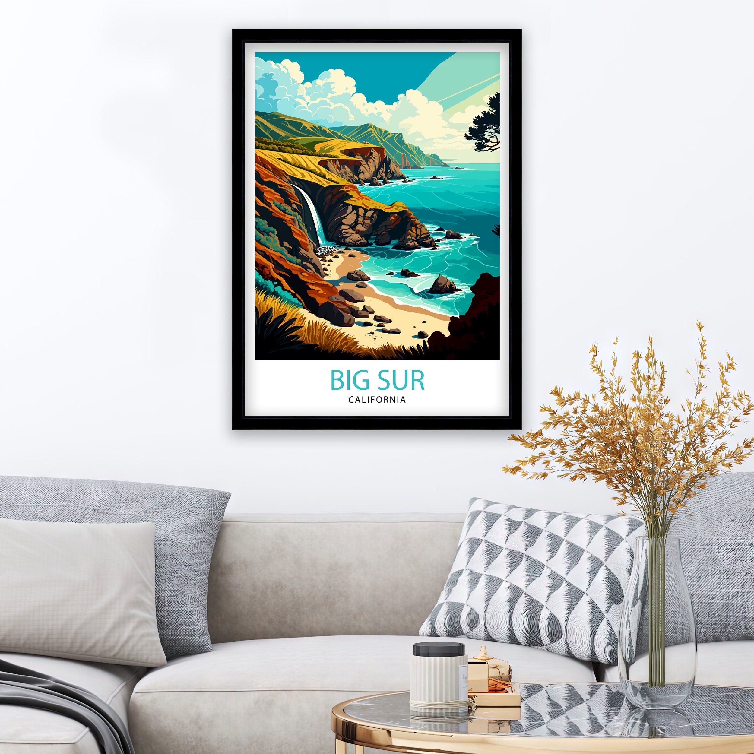 Big Sur California Travel Print| Big Sur Wall Art Big Sur Home Decor California Coastal Landscape Illustration Travel Poster Gift