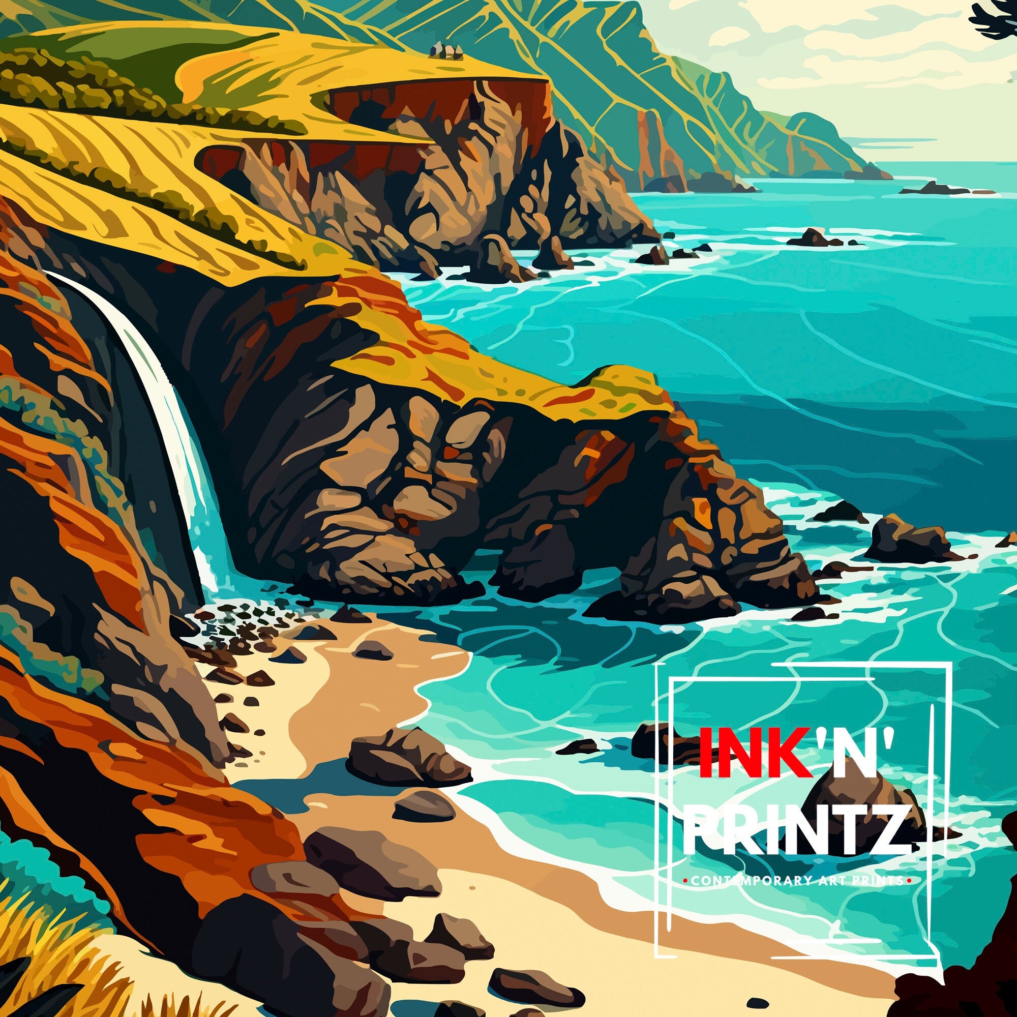 Big Sur California Travel Print| Big Sur Wall Art Big Sur Home Decor California Coastal Landscape Illustration Travel Poster Gift