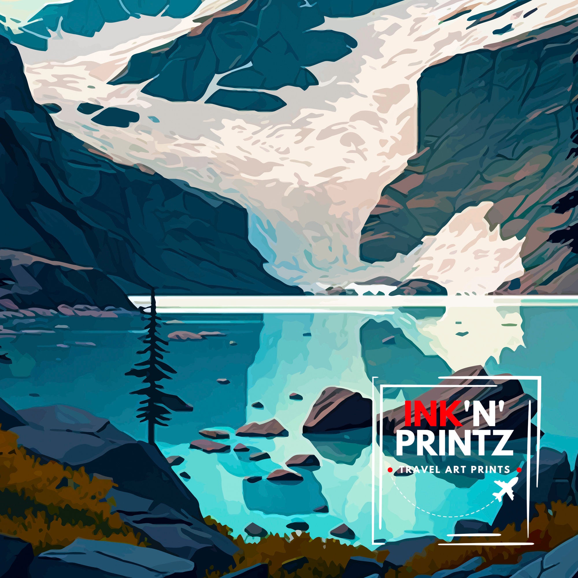 Glacier Bay Alaska Travel Print| Glacier Bay National Park Wall Art Alaska Travel Poster Glacier Bay Art Print Glacier Bay Illustration