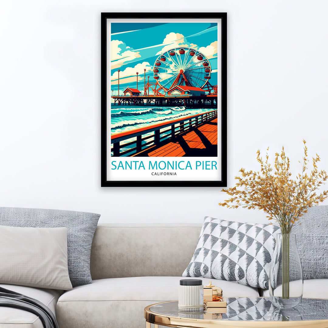 Santa Monica Pier Travel Print California Beach Wall Art Santa Monica Pier Illustration Travel Poster Gift For Santa Monica Beach Home Decor