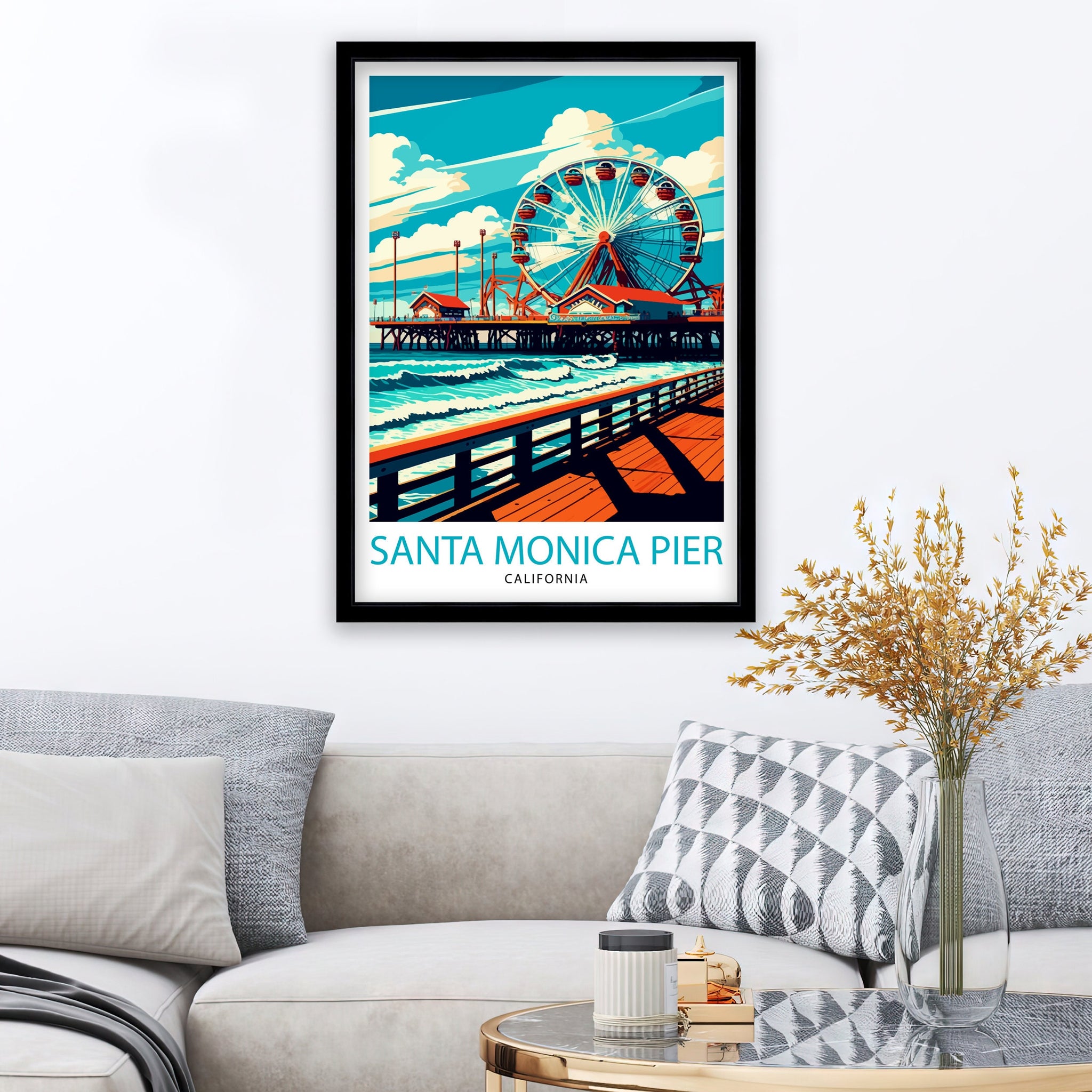 Santa Monica Pier Travel Print California Beach Wall Art Santa Monica Pier Illustration Travel Poster Gift For Santa Monica Beach Home Decor