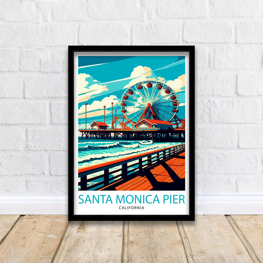 Santa Monica Pier Travel Print California Beach Wall Art Santa Monica Pier Illustration Travel Poster Gift For Santa Monica Beach Home Decor