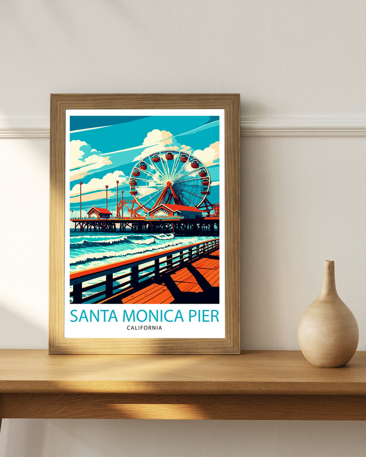 Santa Monica Pier Travel Print California Beach Wall Art Santa Monica Pier Illustration Travel Poster Gift For Santa Monica Beach Home Decor