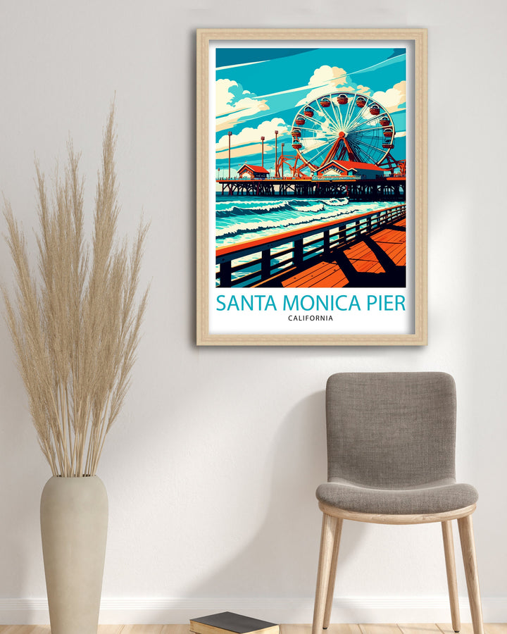 Santa Monica Pier Travel Print California Beach Wall Art Santa Monica Pier Illustration Travel Poster Gift For Santa Monica Beach Home Decor